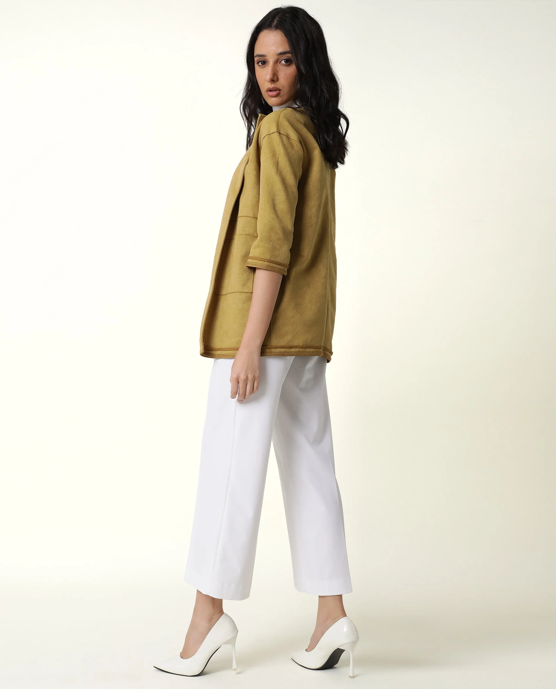 Rareism Women's Square Yellow Polyester Boat Neck Plain Regular Fit Jacket - Image 5