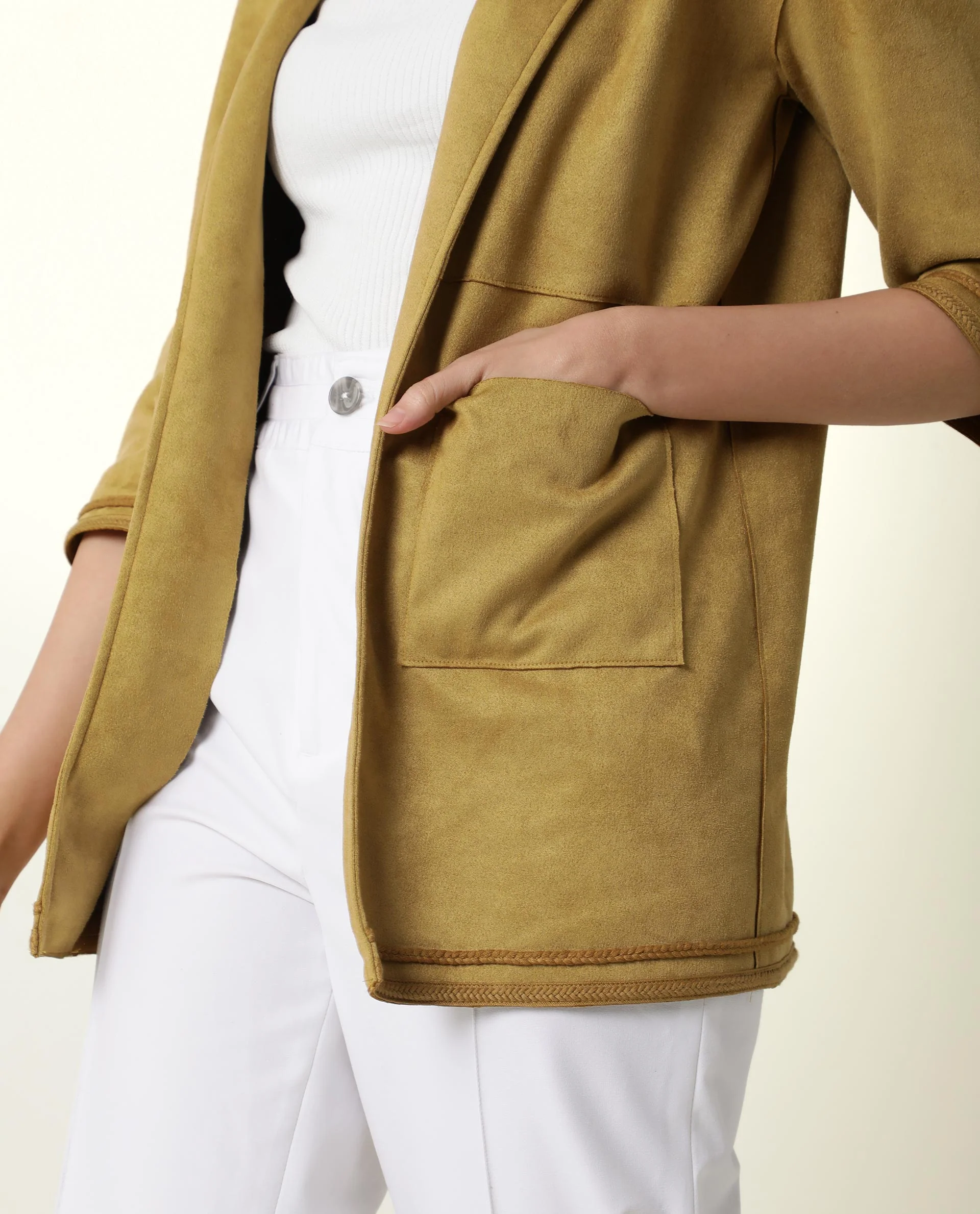 Rareism Women's Square Yellow Polyester Boat Neck Plain Regular Fit Jacket - Image 6