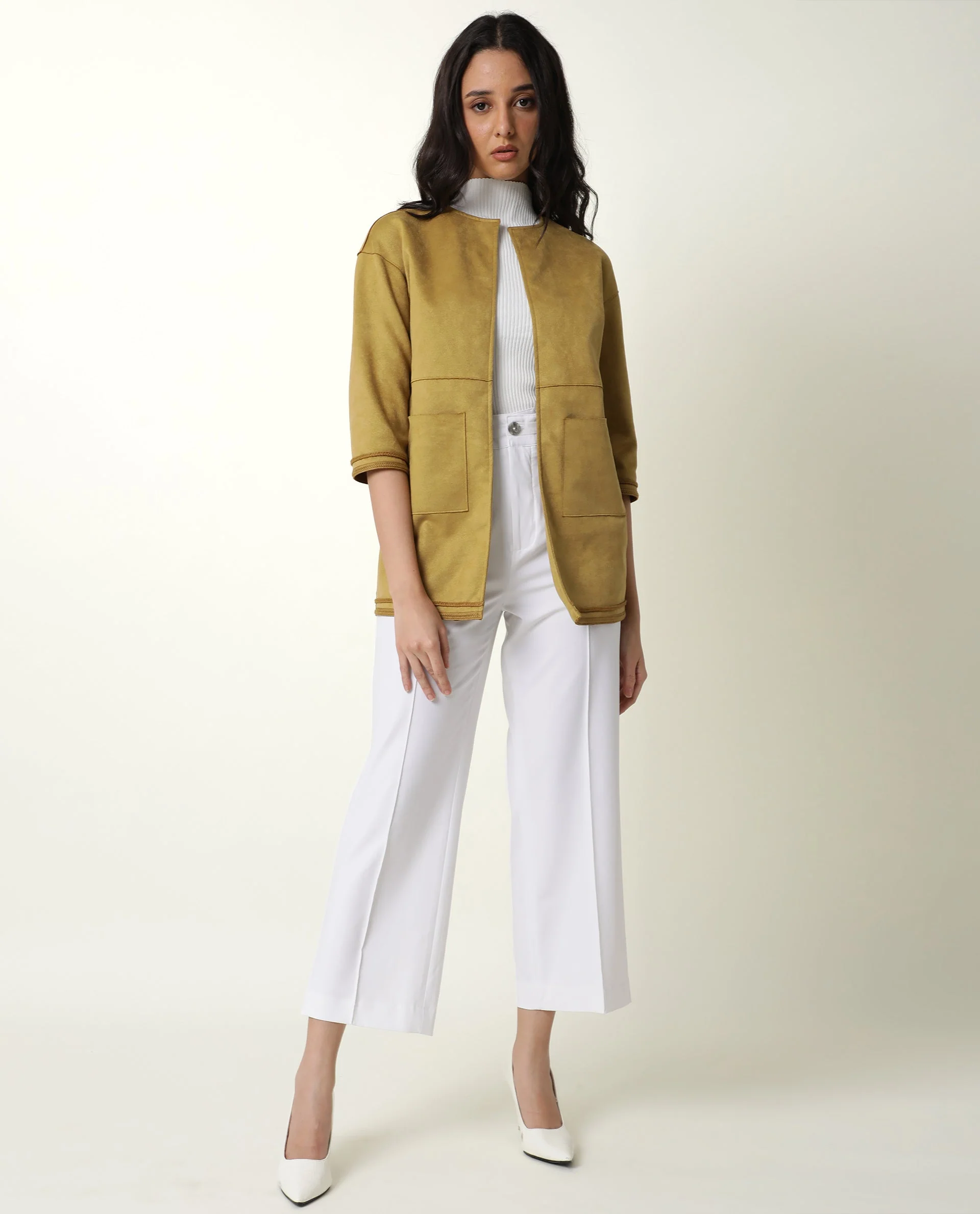 Rareism Women's Square Yellow Polyester Boat Neck Plain Regular Fit Jacket - Image 7