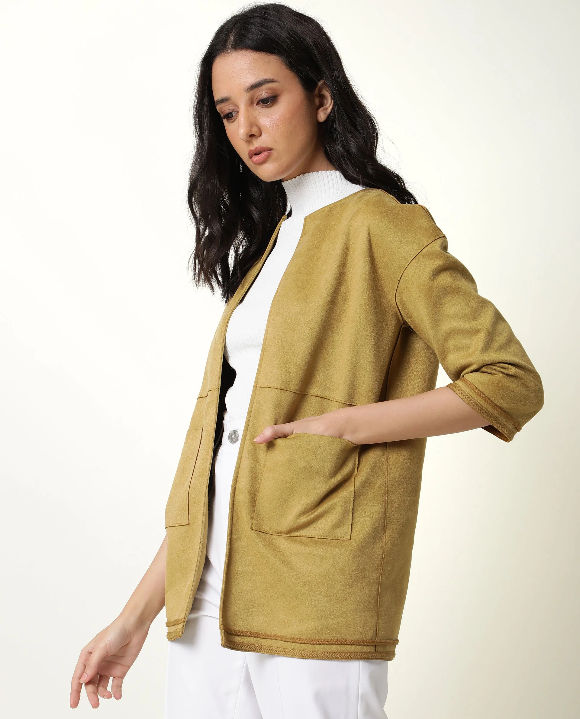 Rareism Women's Square Yellow Polyester Boat Neck Plain Regular Fit Jacket - Image 8
