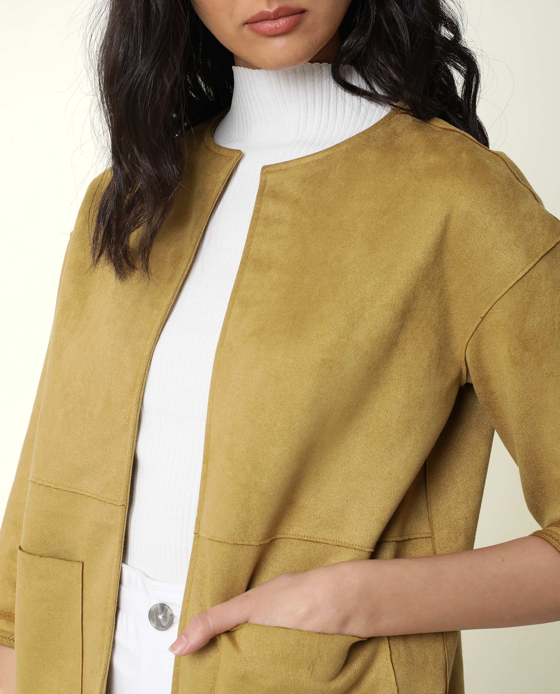 Rareism Women's Square Yellow Polyester Boat Neck Plain Regular Fit Jacket - Image 9