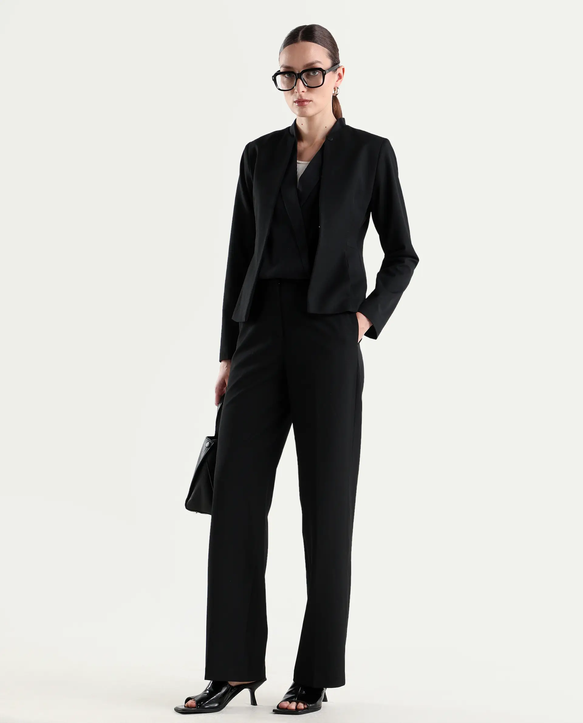 Rareism Women's Srait-1 Black Viscose Fabric Straight Plain Trouser