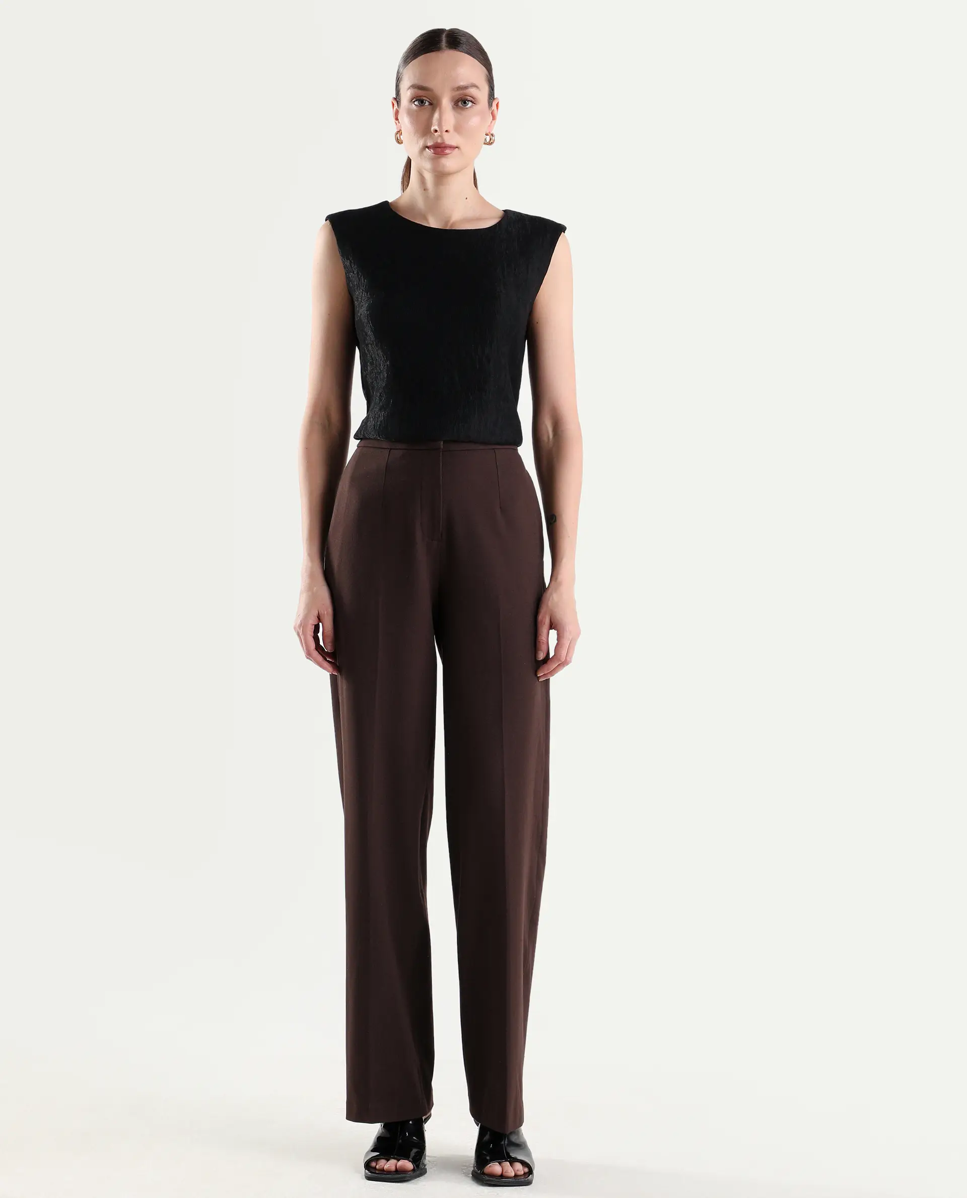 Rareism Women's Srait-1 Brown Viscose Fabric Straight Plain Trouser - Image 3