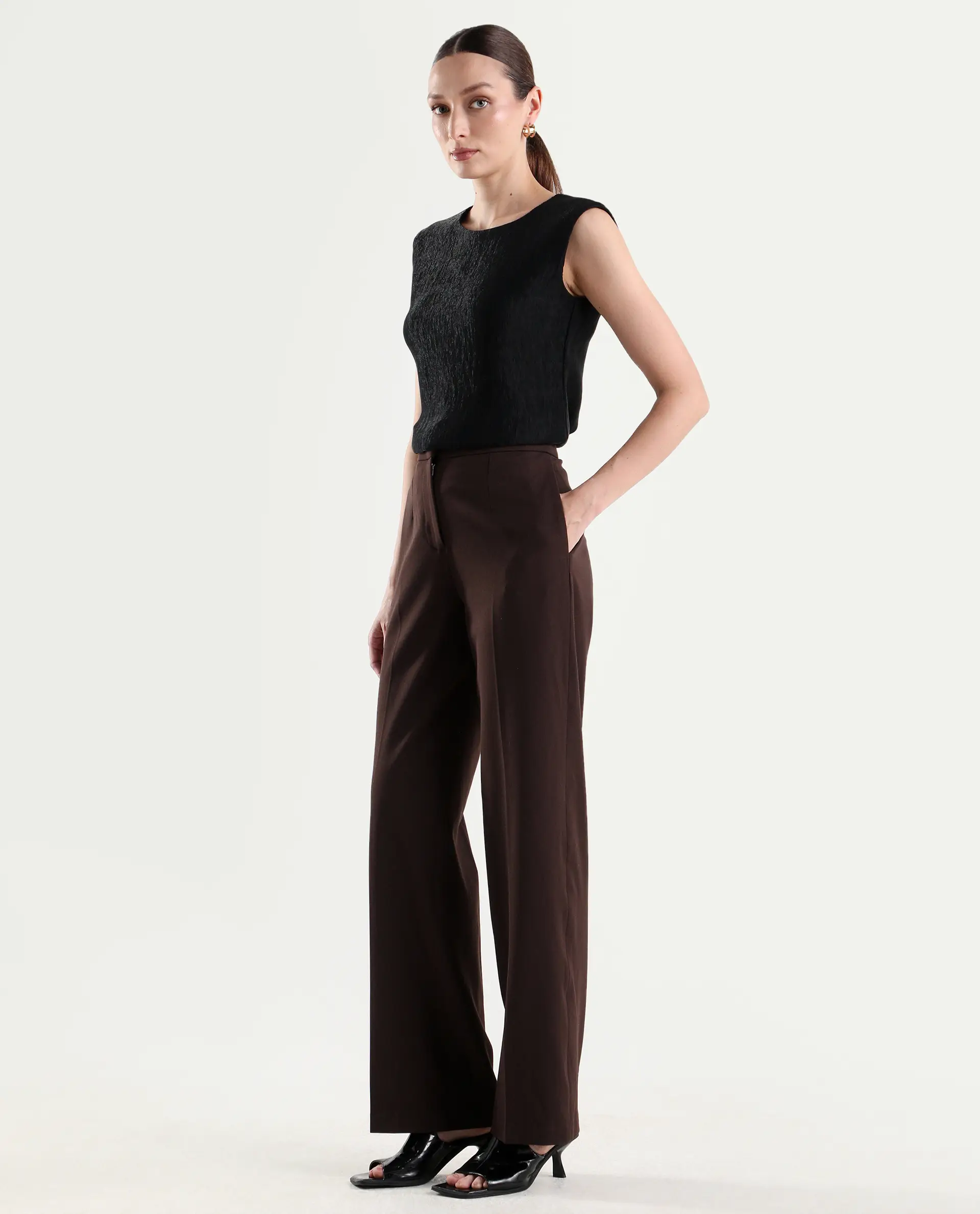 Rareism Women's Srait-1 Brown Viscose Fabric Straight Plain Trouser - Image 4