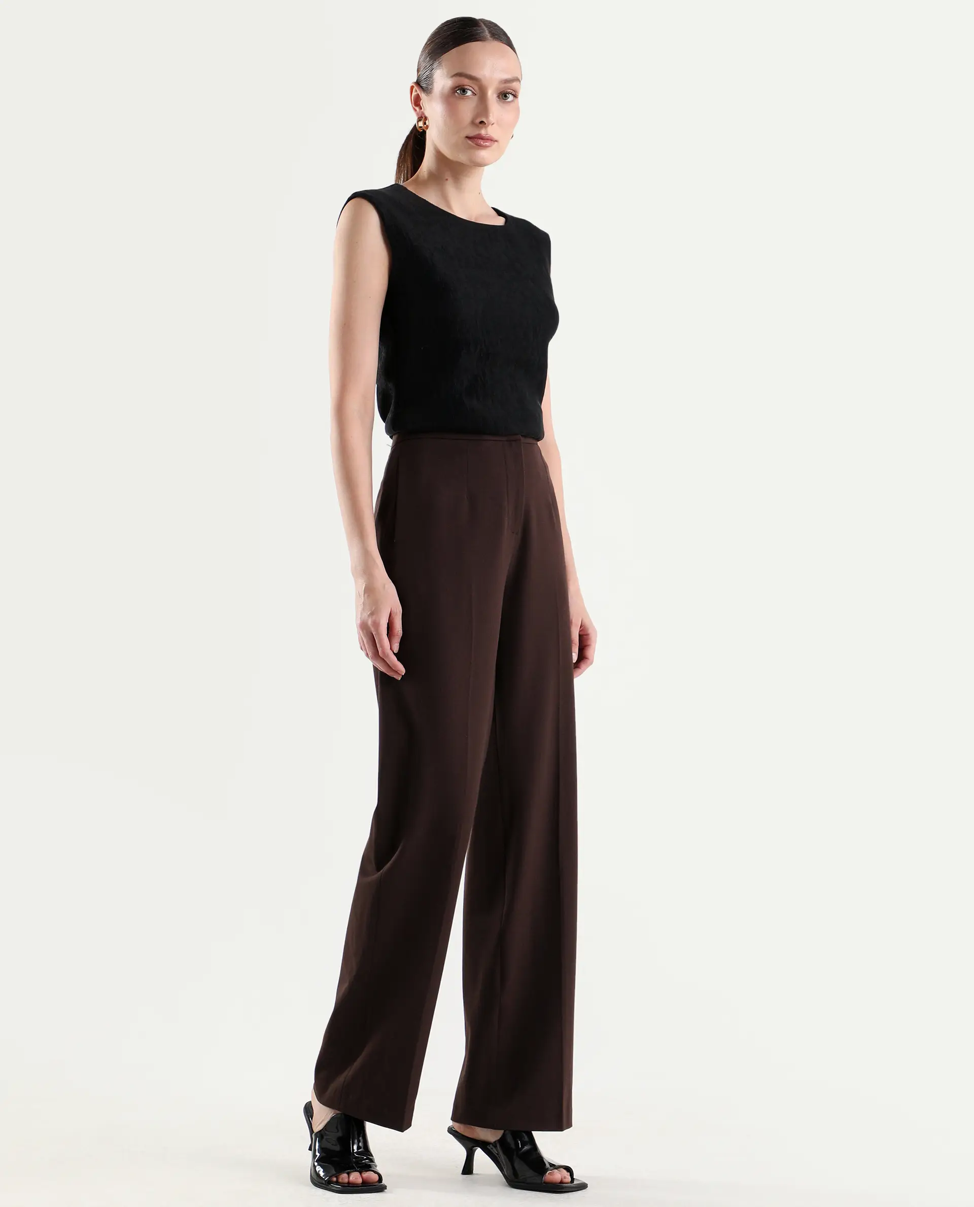 Rareism Women's Srait-1 Brown Viscose Fabric Straight Plain Trouser - Image 5