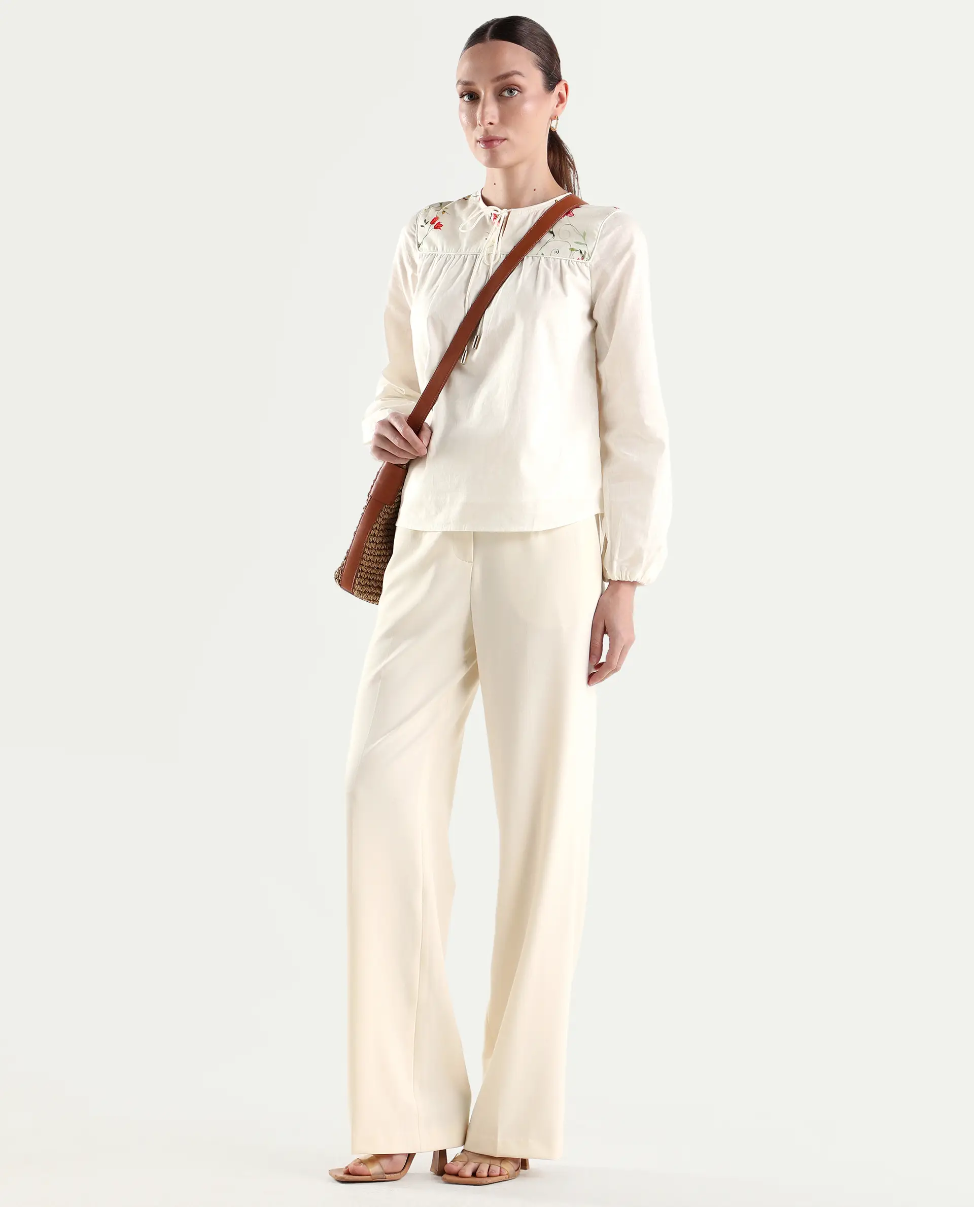 Rareism Women's Srait-1 Off White Viscose Fabric Straight Plain Trouser