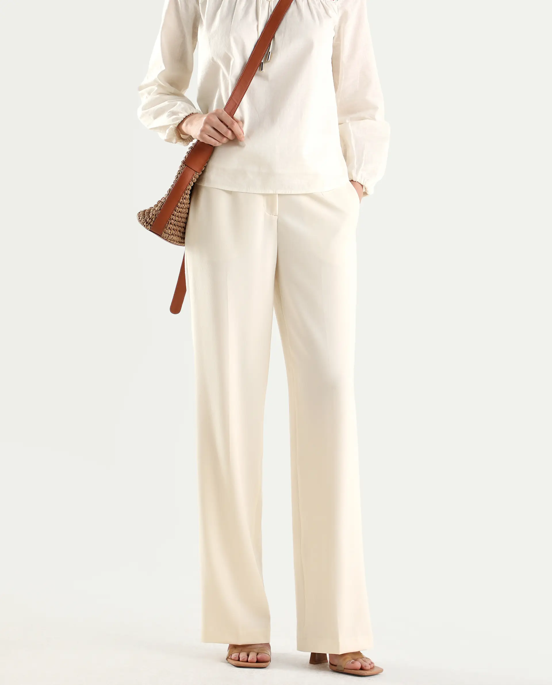 Rareism Women's Srait-1 Off White Viscose Fabric Straight Plain Trouser - Image 2