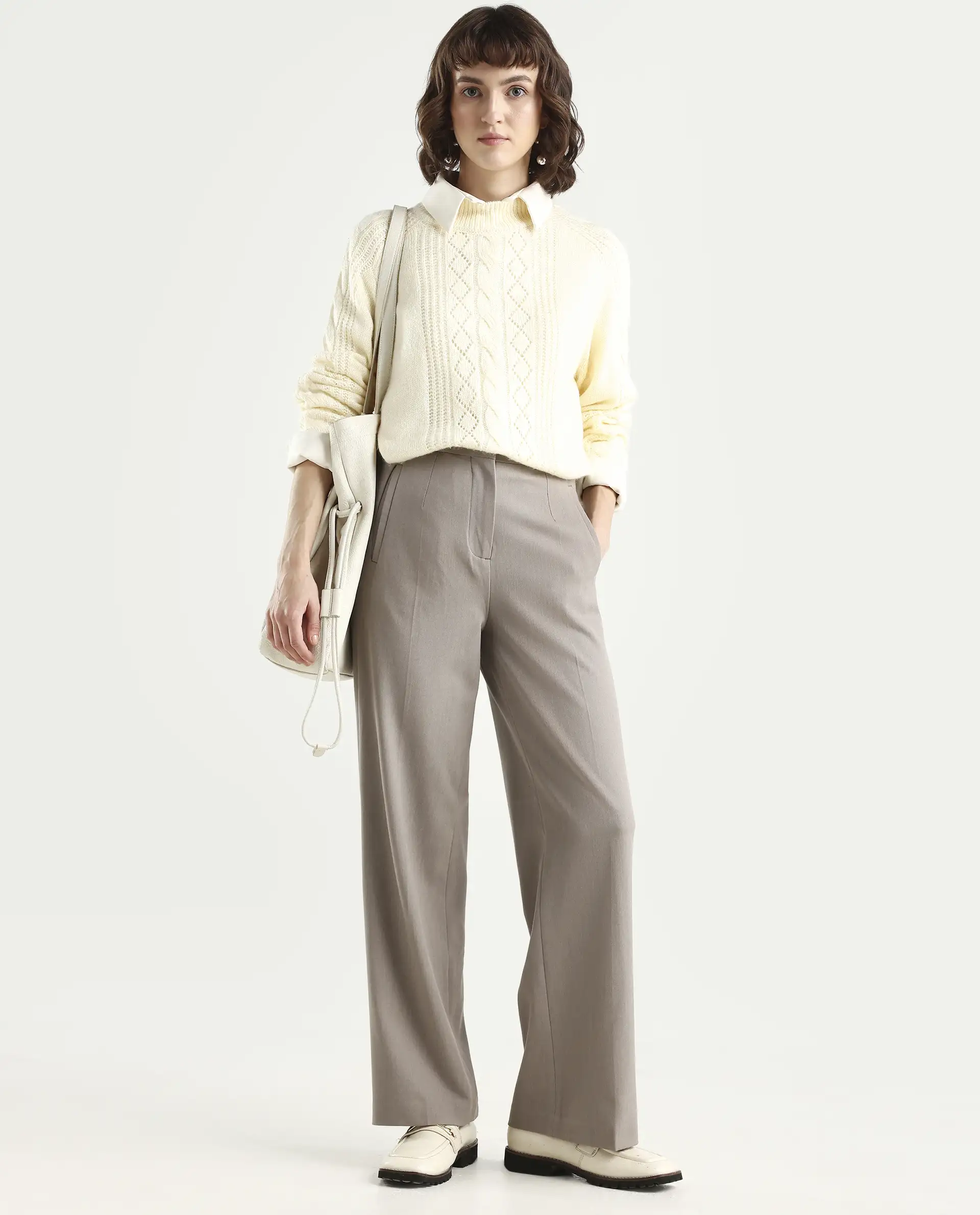 Rareism Women's Srait Fawn Polyester Blend Straight Fit Travel Trouser