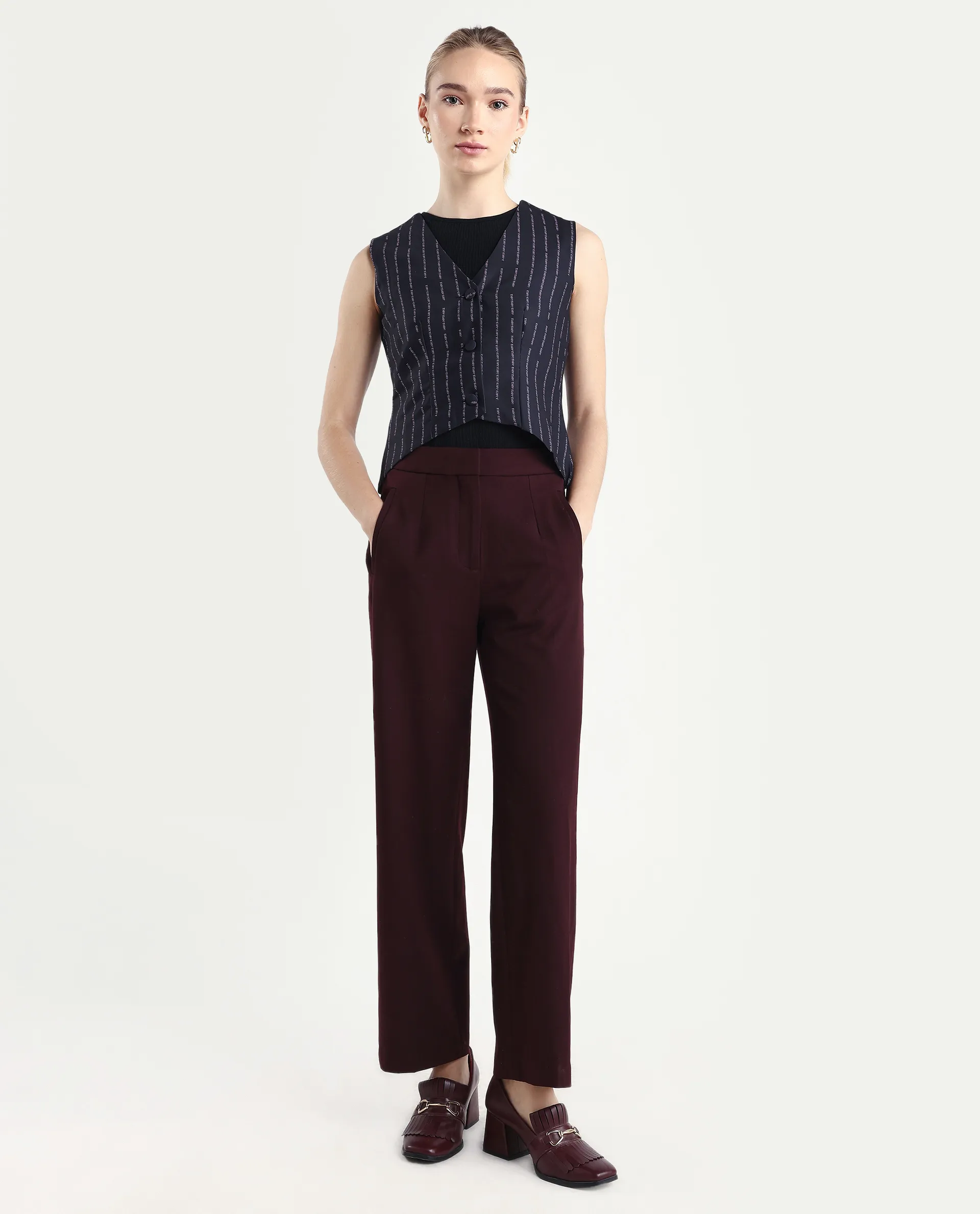 Rareism Women Srait Maroon Polyester Blend Button Closure Straight Fit Plain Travel Trouser - Image 2