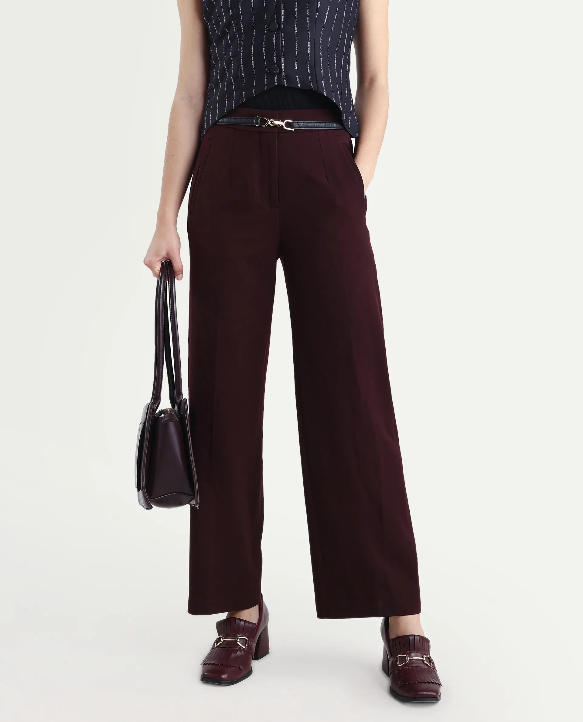 Rareism Women Srait Maroon Polyester Blend Button Closure Straight Fit Plain Travel Trouser - Image 3