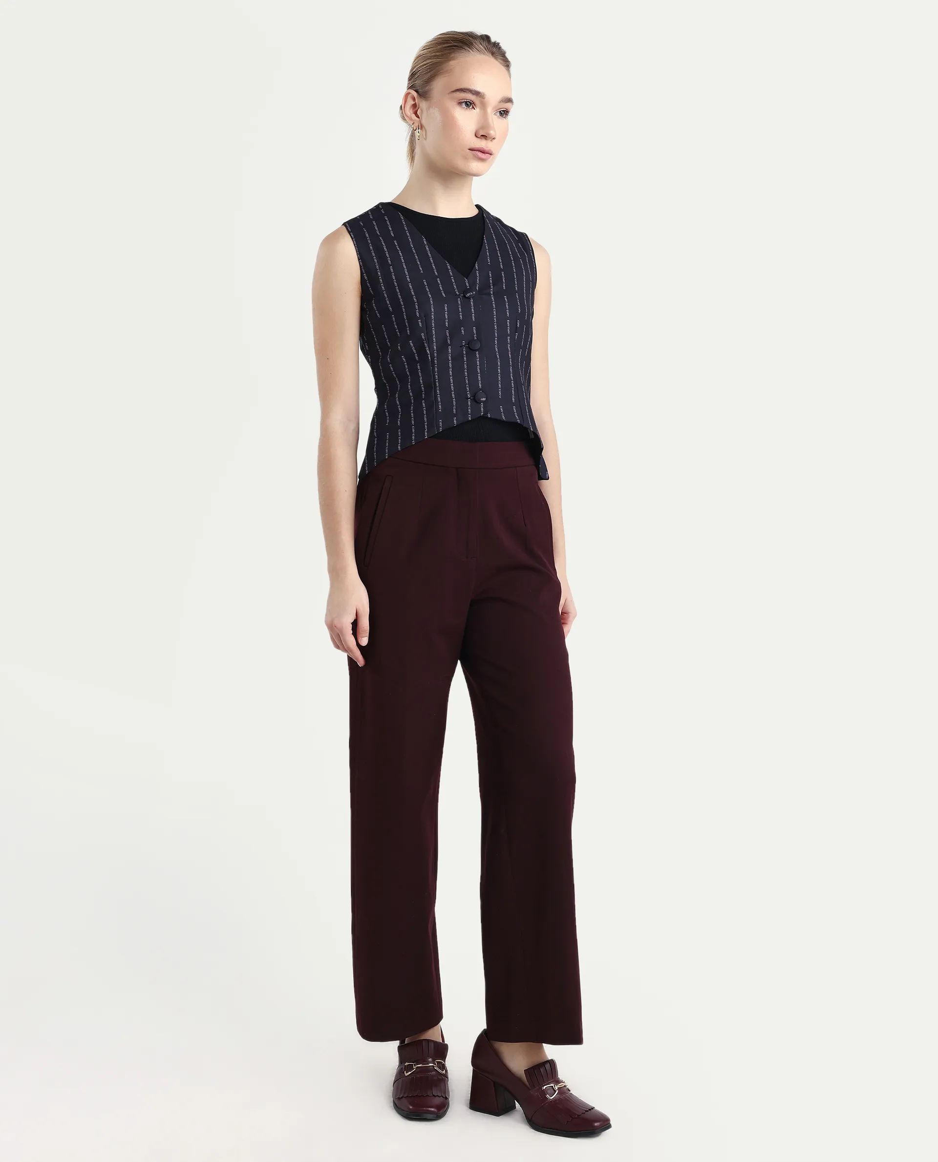 Rareism Women Srait Maroon Polyester Blend Button Closure Straight Fit Plain Travel Trouser - Image 5