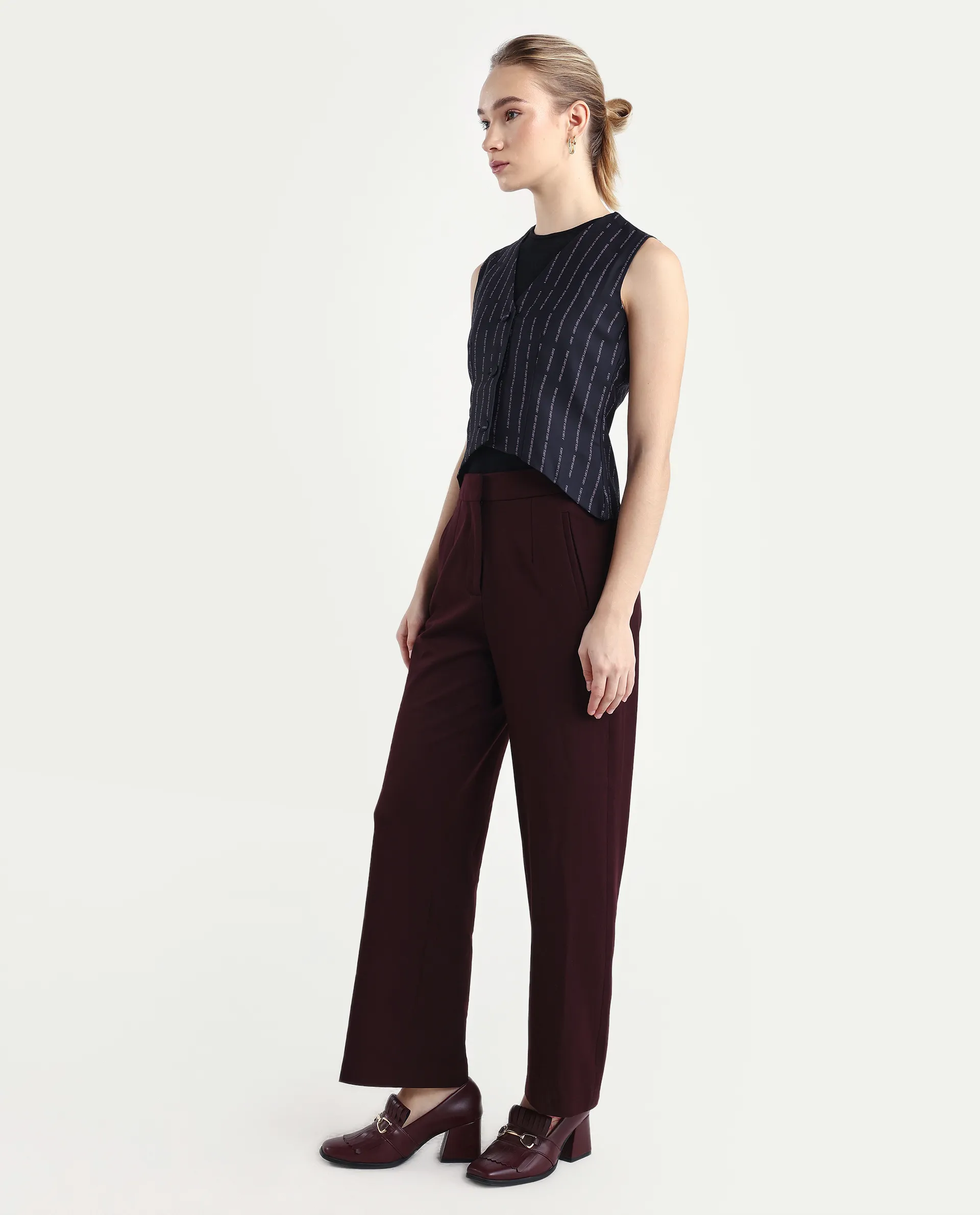 Rareism Women Srait Maroon Polyester Blend Button Closure Straight Fit Plain Travel Trouser - Image 6