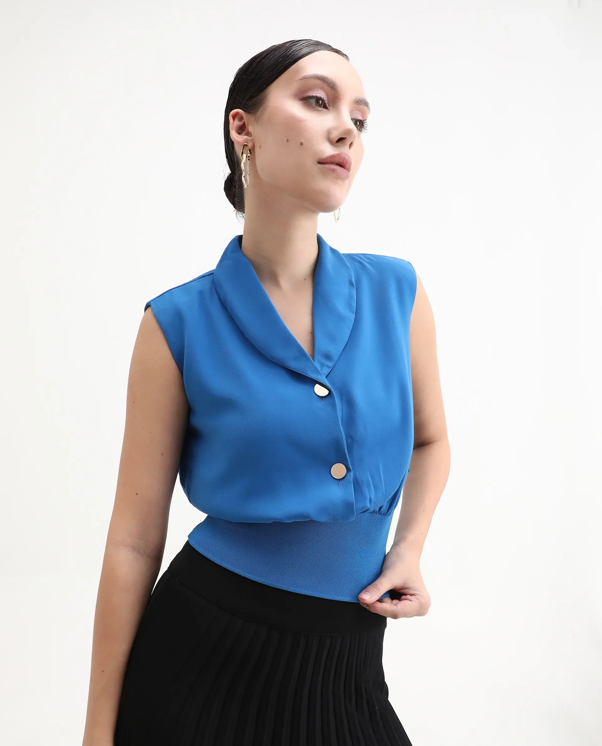 Rareism Women's Srat Blue Polyester Shawl Collar Plain Sleeveless Regular Fit Top - Image 2