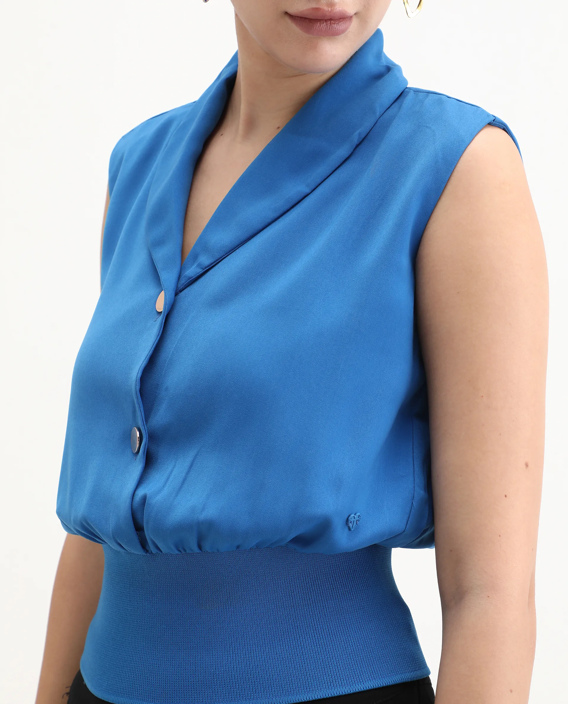Rareism Women's Srat Blue Polyester Shawl Collar Plain Sleeveless Regular Fit Top - Image 3