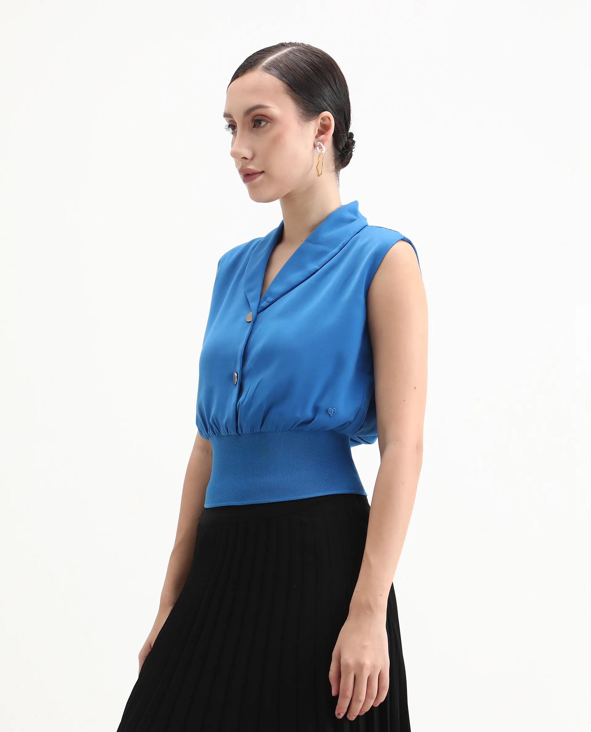 Rareism Women's Srat Blue Polyester Shawl Collar Plain Sleeveless Regular Fit Top - Image 4