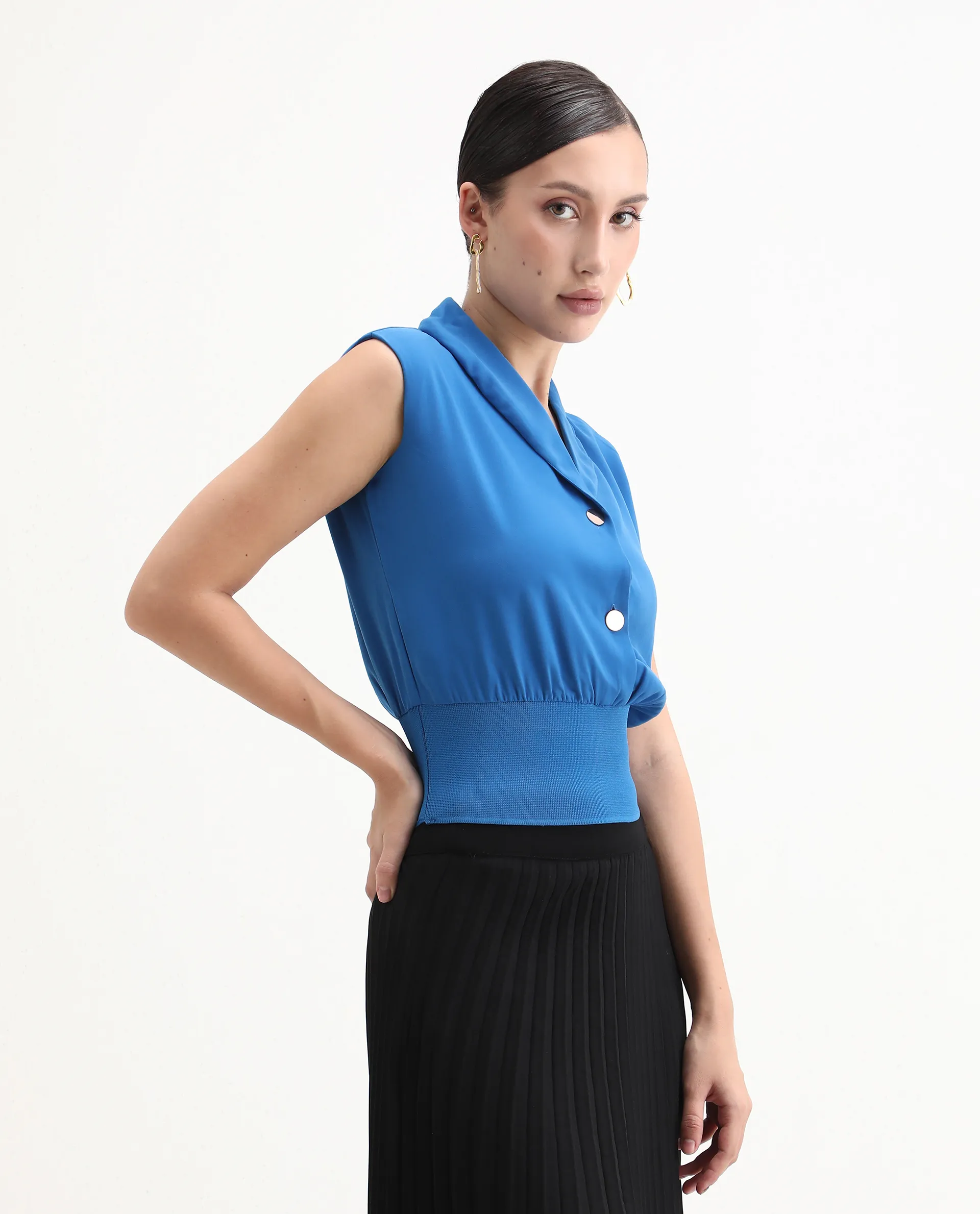 Rareism Women's Srat Blue Polyester Shawl Collar Plain Sleeveless Regular Fit Top - Image 5