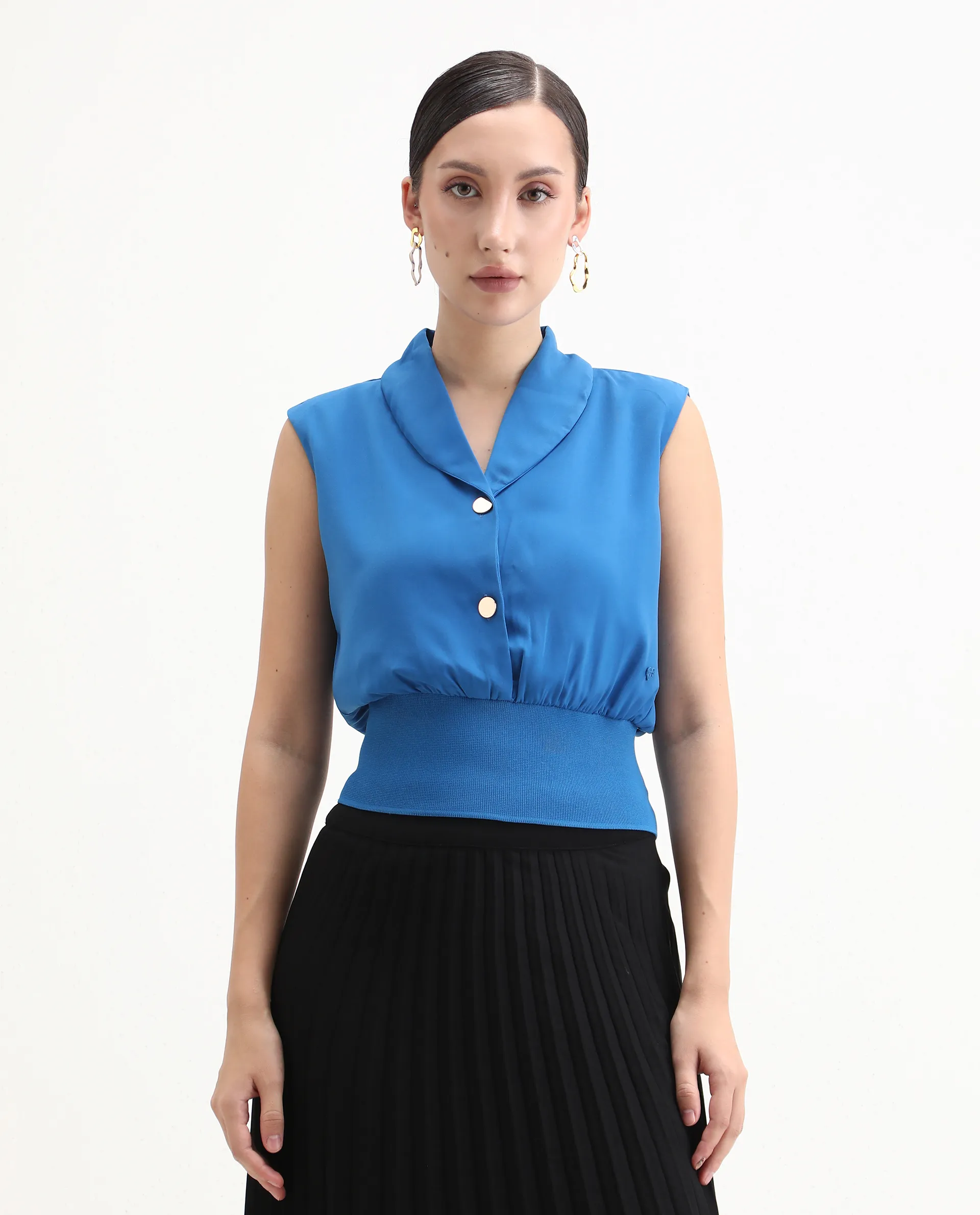 Rareism Women's Srat Blue Polyester Shawl Collar Plain Sleeveless Regular Fit Top - Image 6