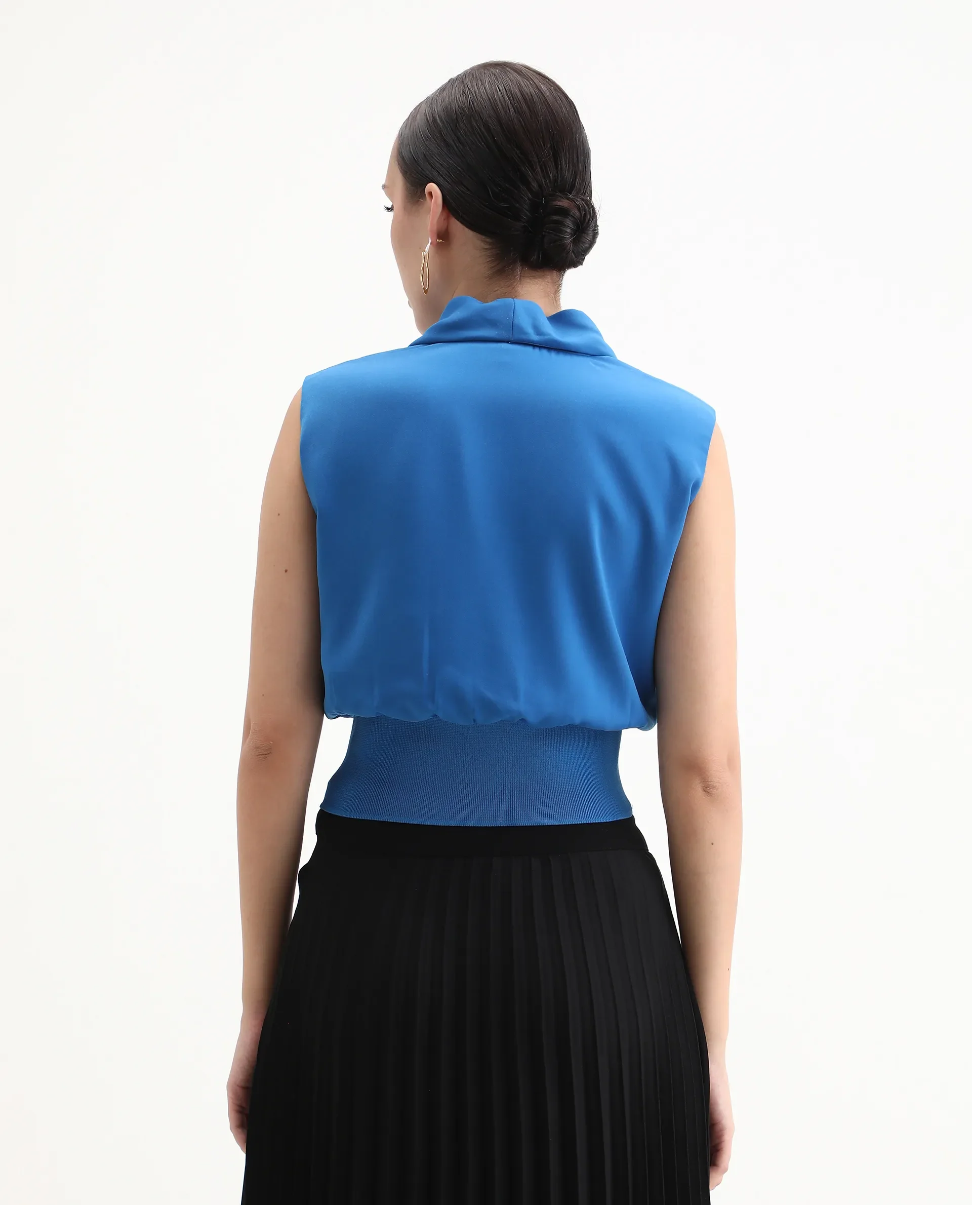 Rareism Women's Srat Blue Polyester Shawl Collar Plain Sleeveless Regular Fit Top - Image 7