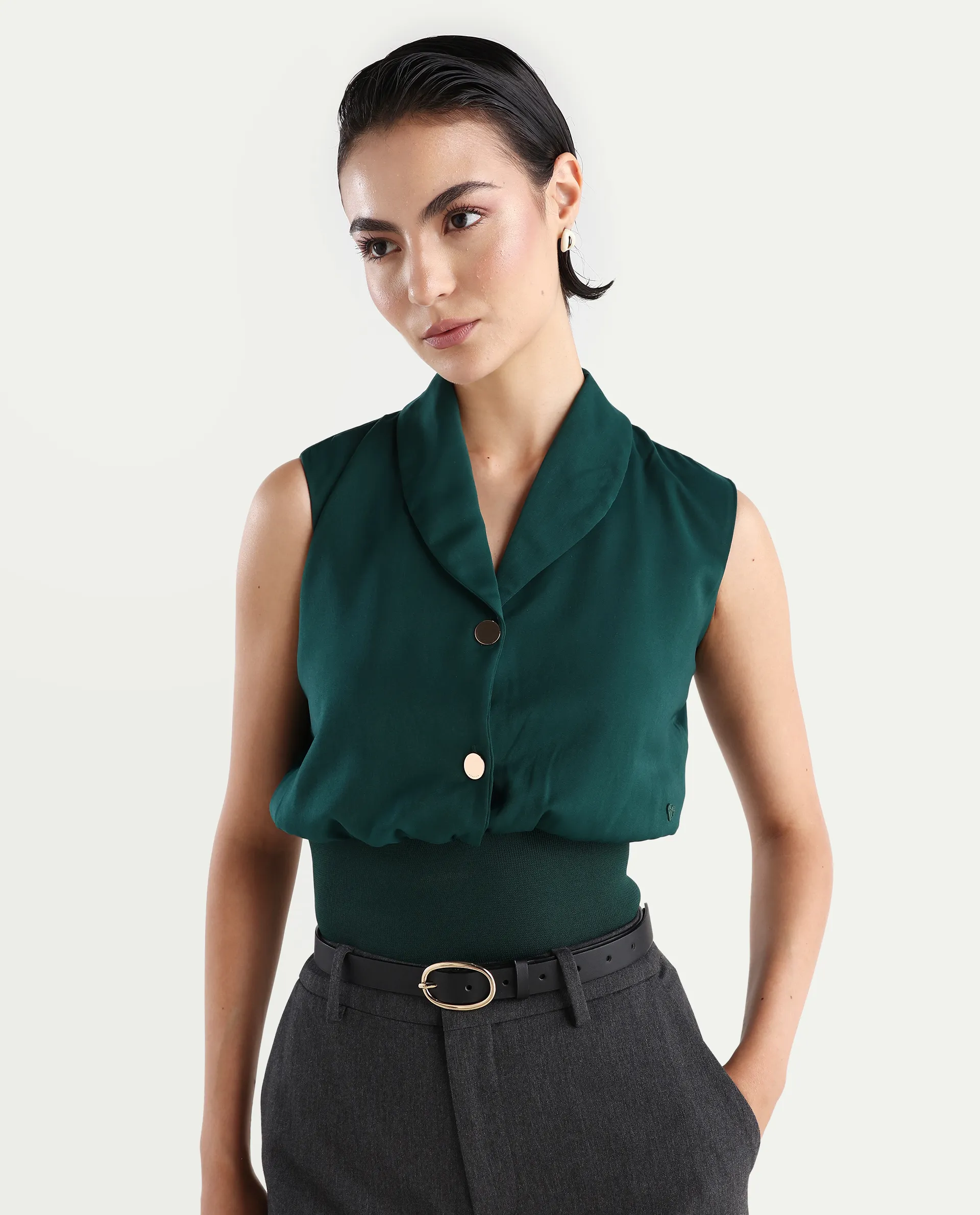 Rareism Women's Srat Green Satin Shawl Collar Plain Sleeveless Regular Fit Top