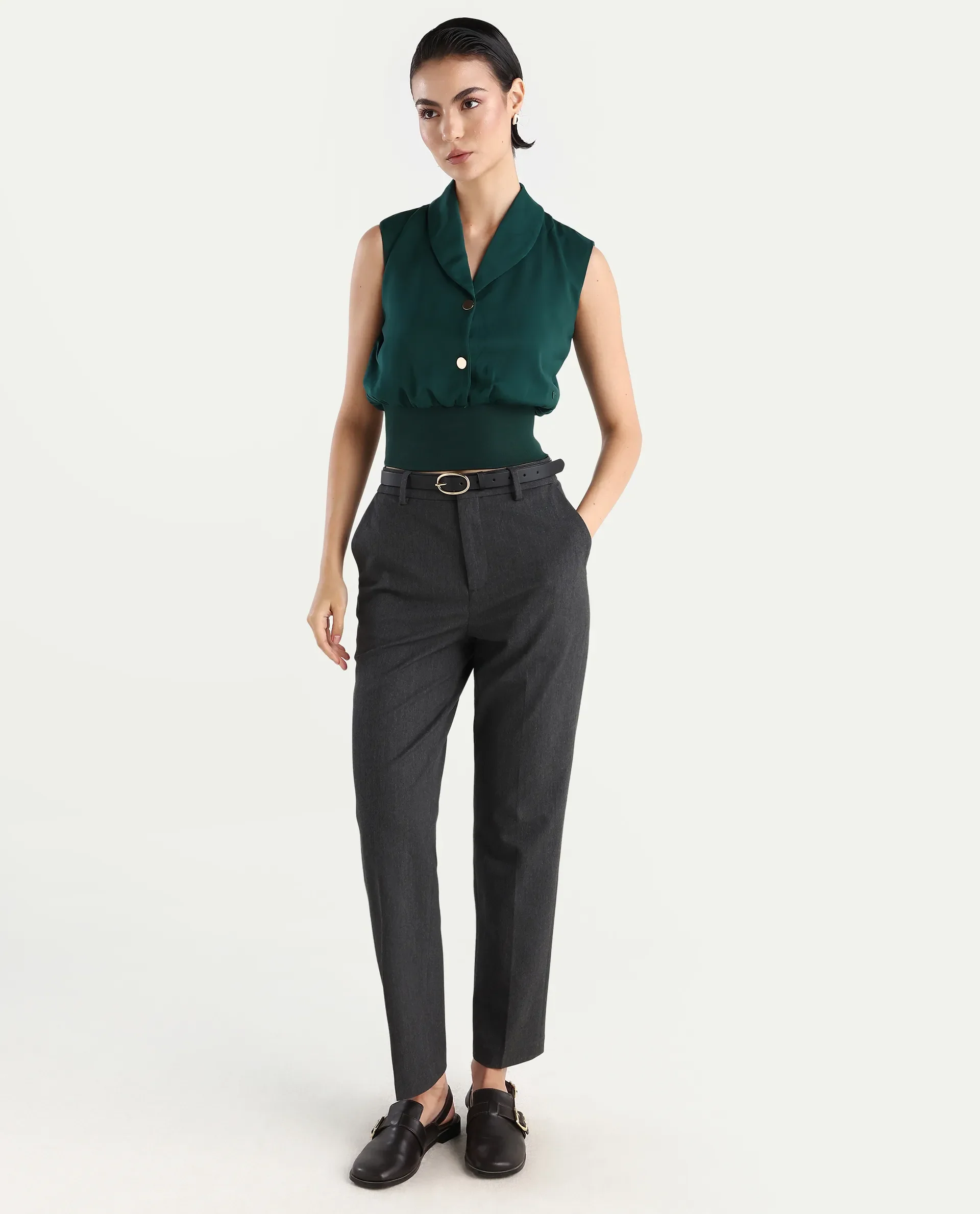 Rareism Women's Srat Green Satin Shawl Collar Plain Sleeveless Regular Fit Top - Image 2