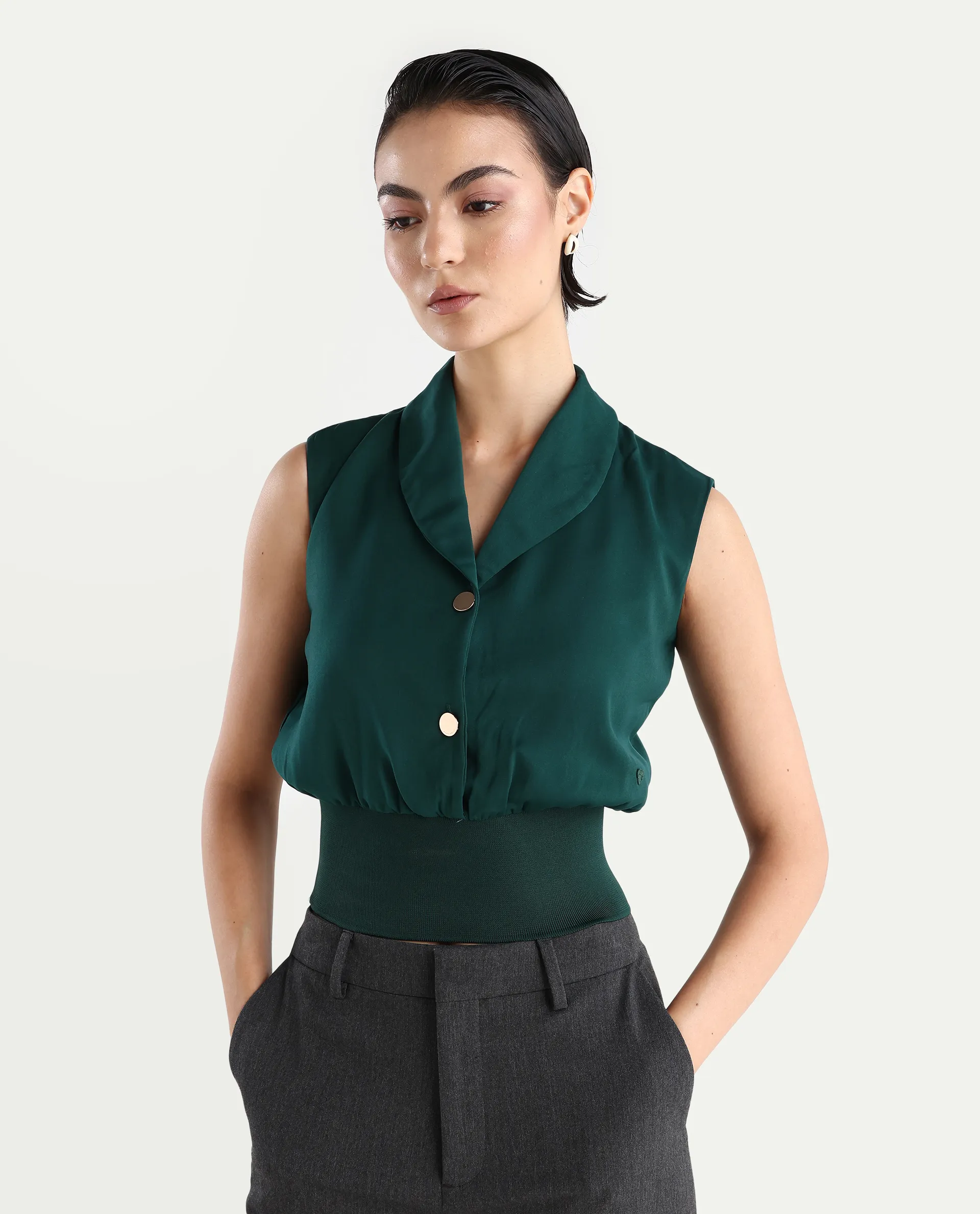 Rareism Women's Srat Green Satin Shawl Collar Plain Sleeveless Regular Fit Top - Image 3