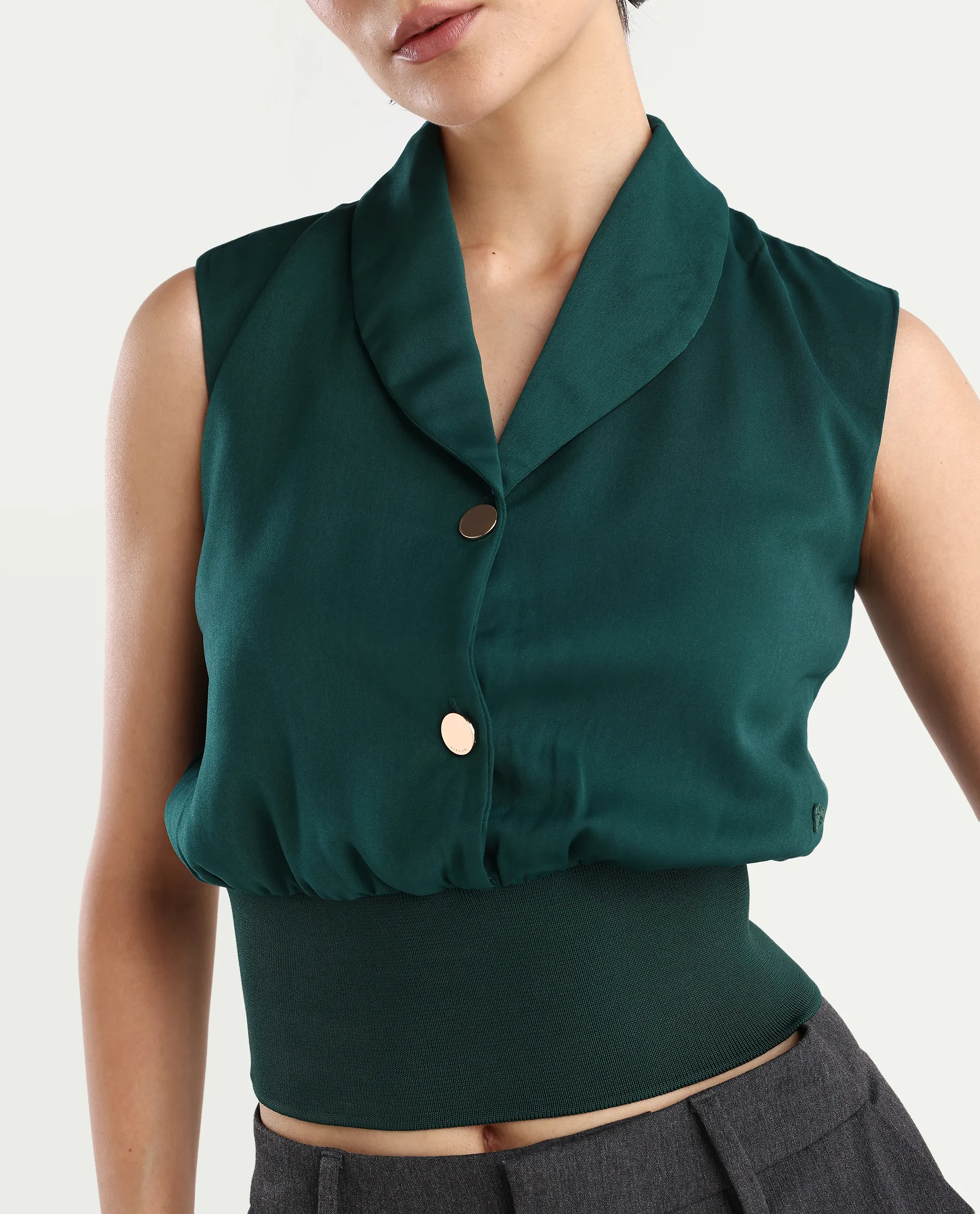 Rareism Women's Srat Green Satin Shawl Collar Plain Sleeveless Regular Fit Top - Image 4