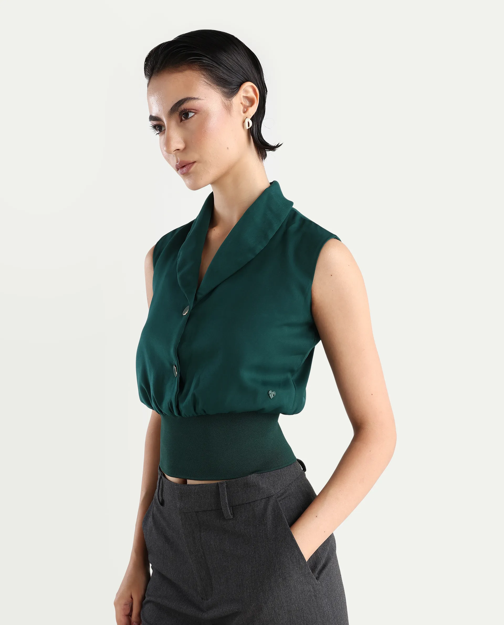 Rareism Women's Srat Green Satin Shawl Collar Plain Sleeveless Regular Fit Top - Image 5