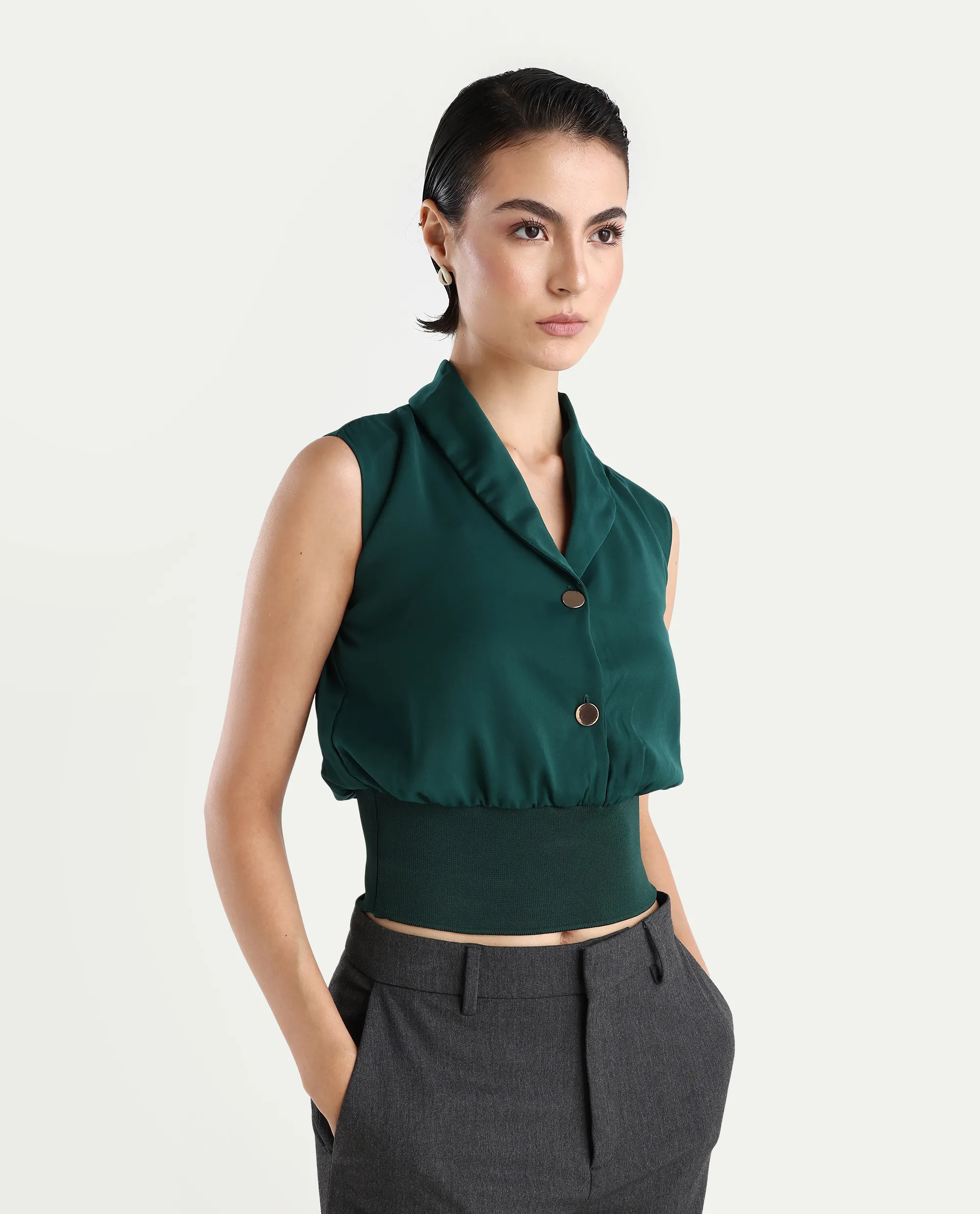 Rareism Women's Srat Green Satin Shawl Collar Plain Sleeveless Regular Fit Top - Image 6