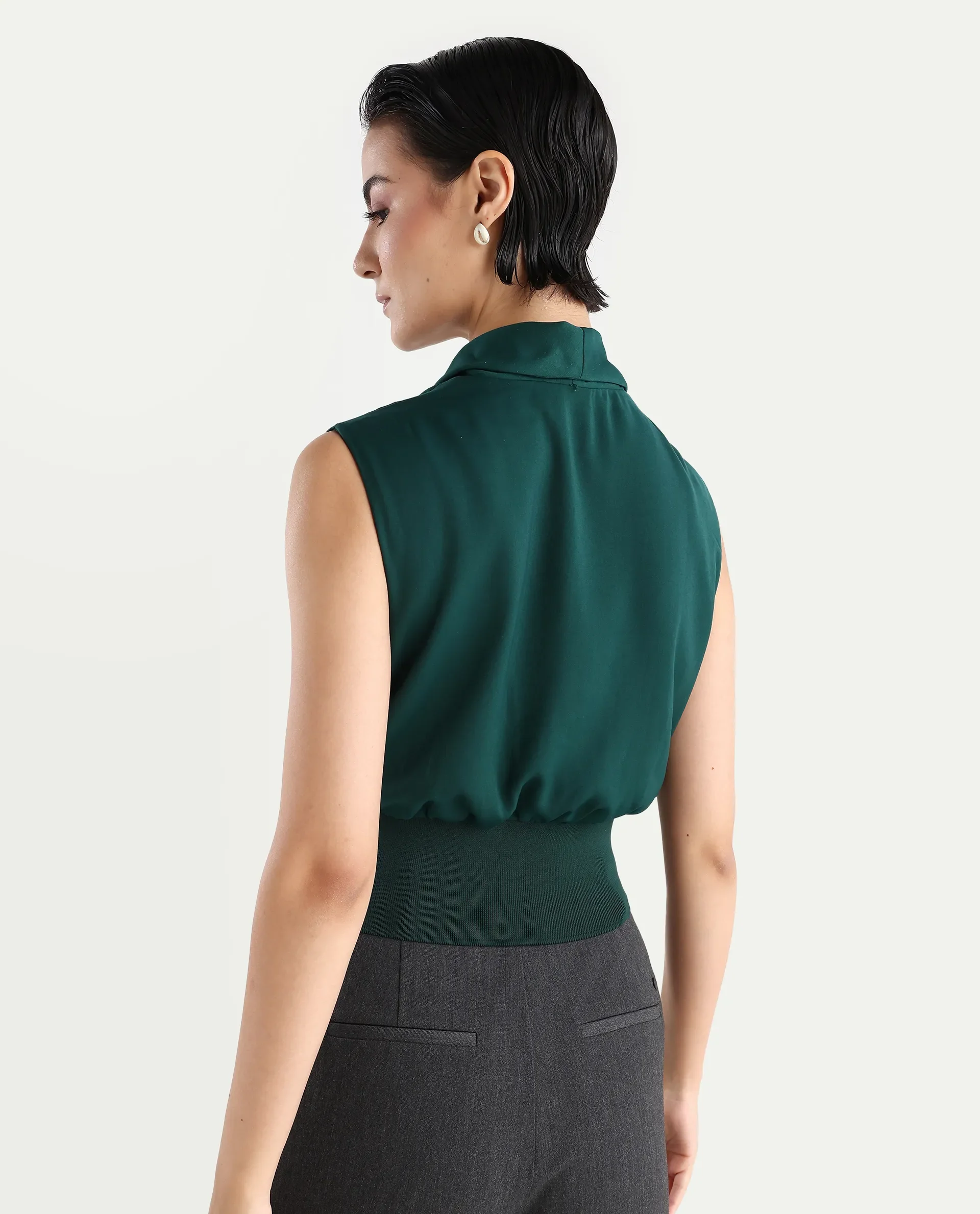 Rareism Women's Srat Green Satin Shawl Collar Plain Sleeveless Regular Fit Top - Image 7