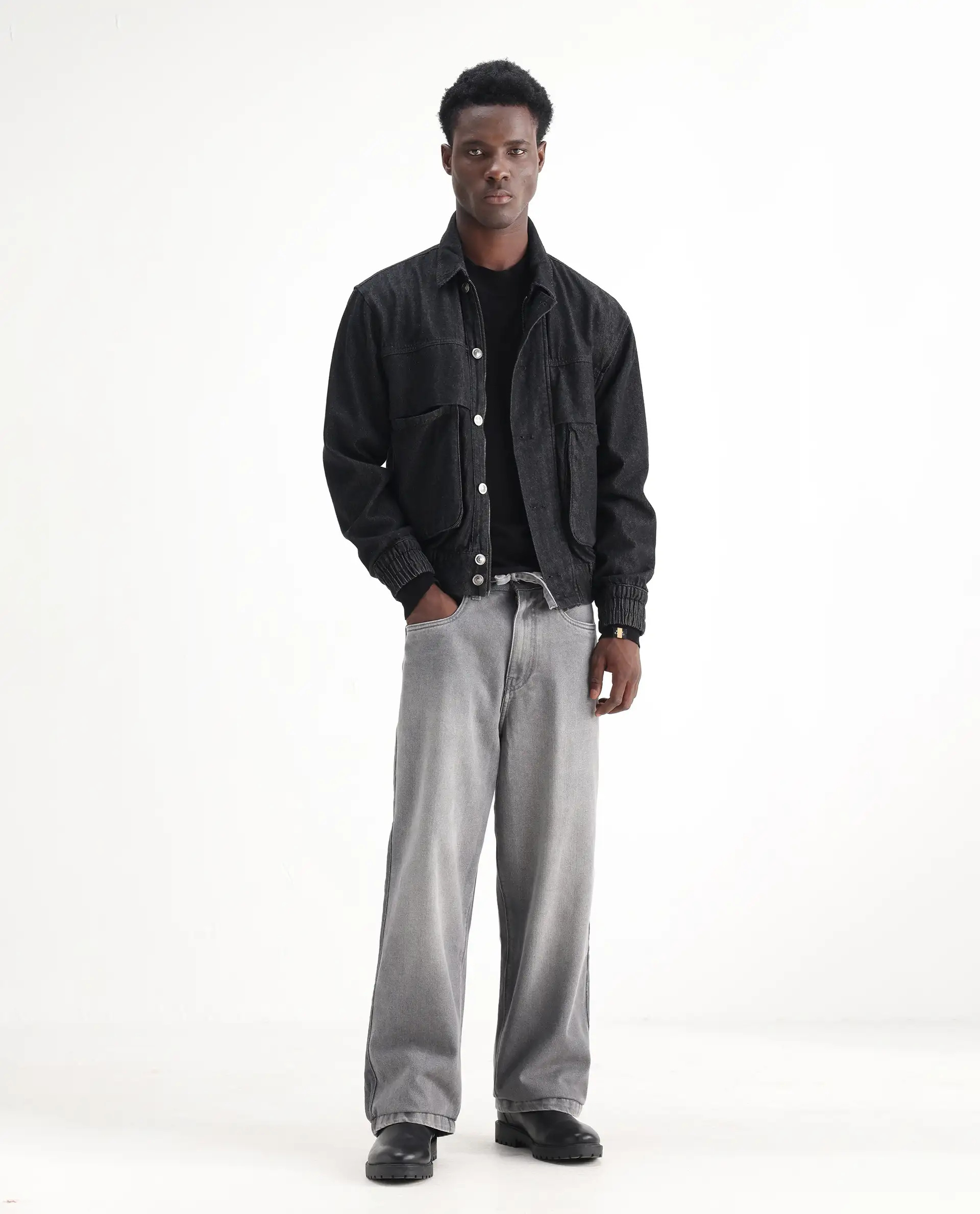 Rare Rabbit Men's Srito Grey Cotton Plain Baggy Fit Jeans