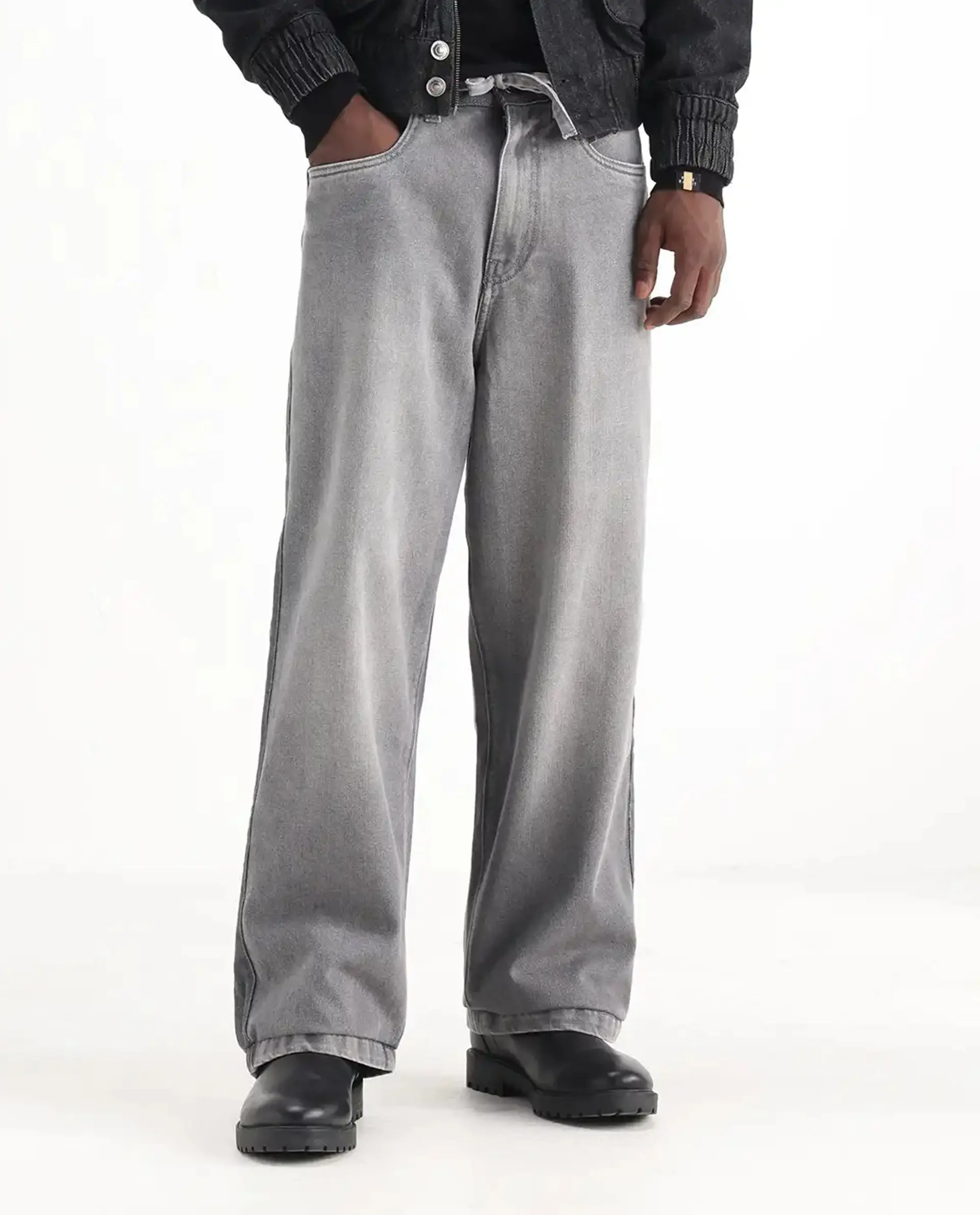 Rare Rabbit Men's Srito Grey Cotton Plain Baggy Fit Jeans - Image 10