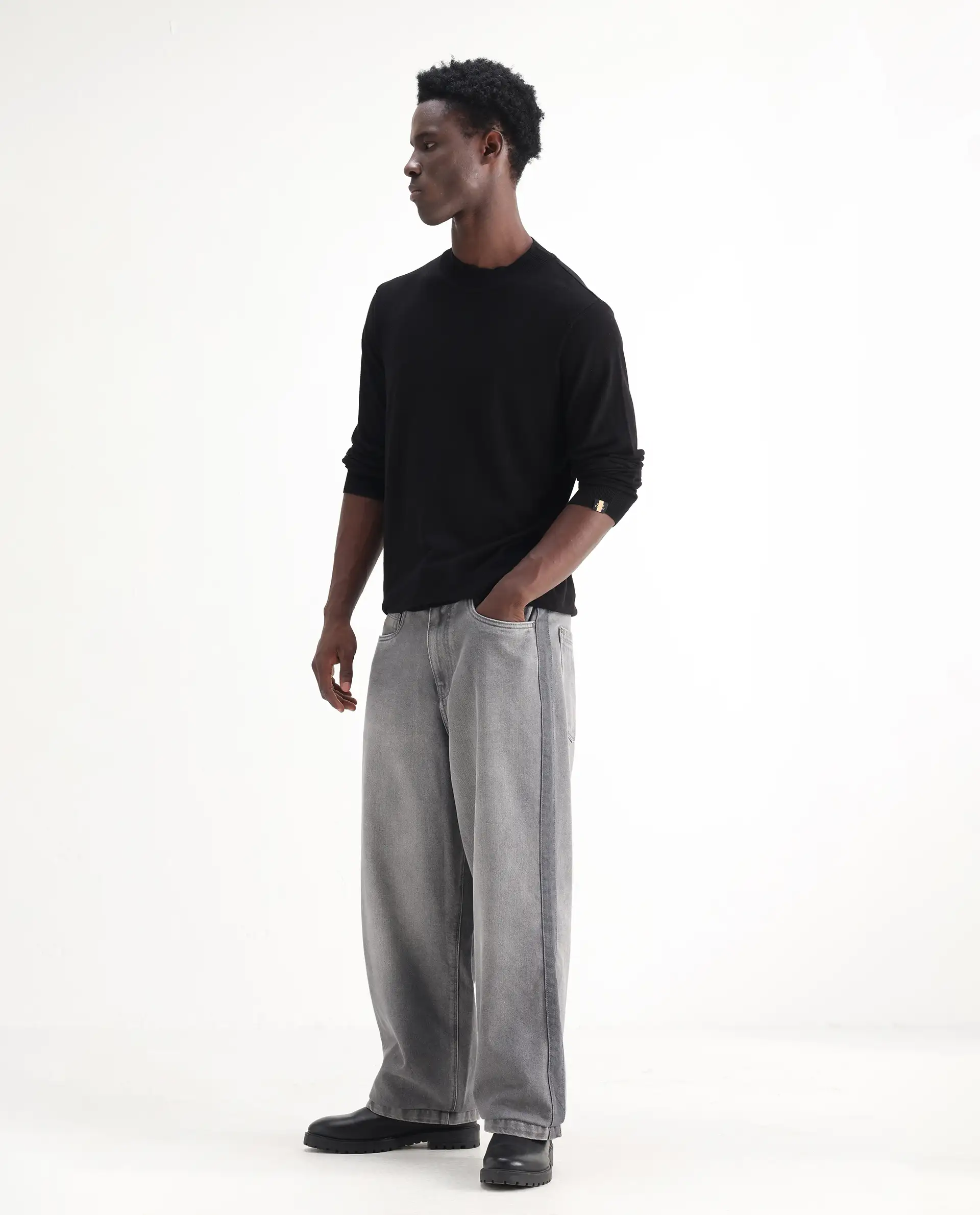 Rare Rabbit Men's Srito Grey Cotton Plain Baggy Fit Jeans - Image 3