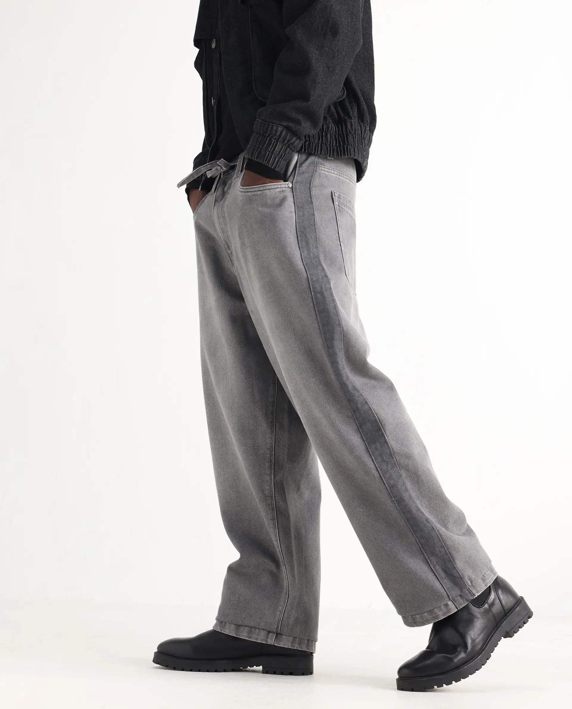 Rare Rabbit Men's Srito Grey Cotton Plain Baggy Fit Jeans - Image 4
