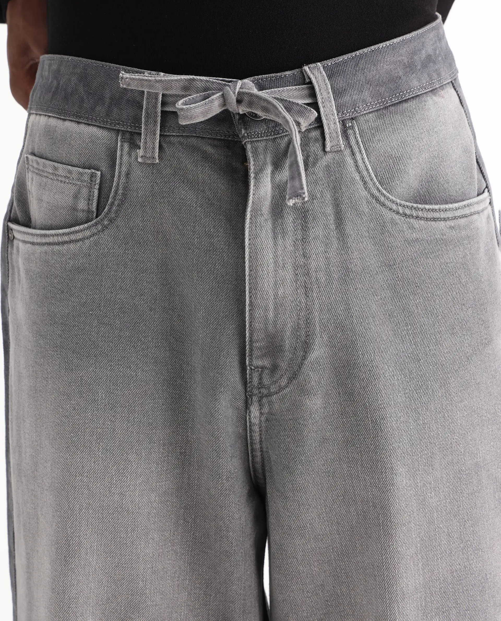 Rare Rabbit Men's Srito Grey Cotton Plain Baggy Fit Jeans - Image 5