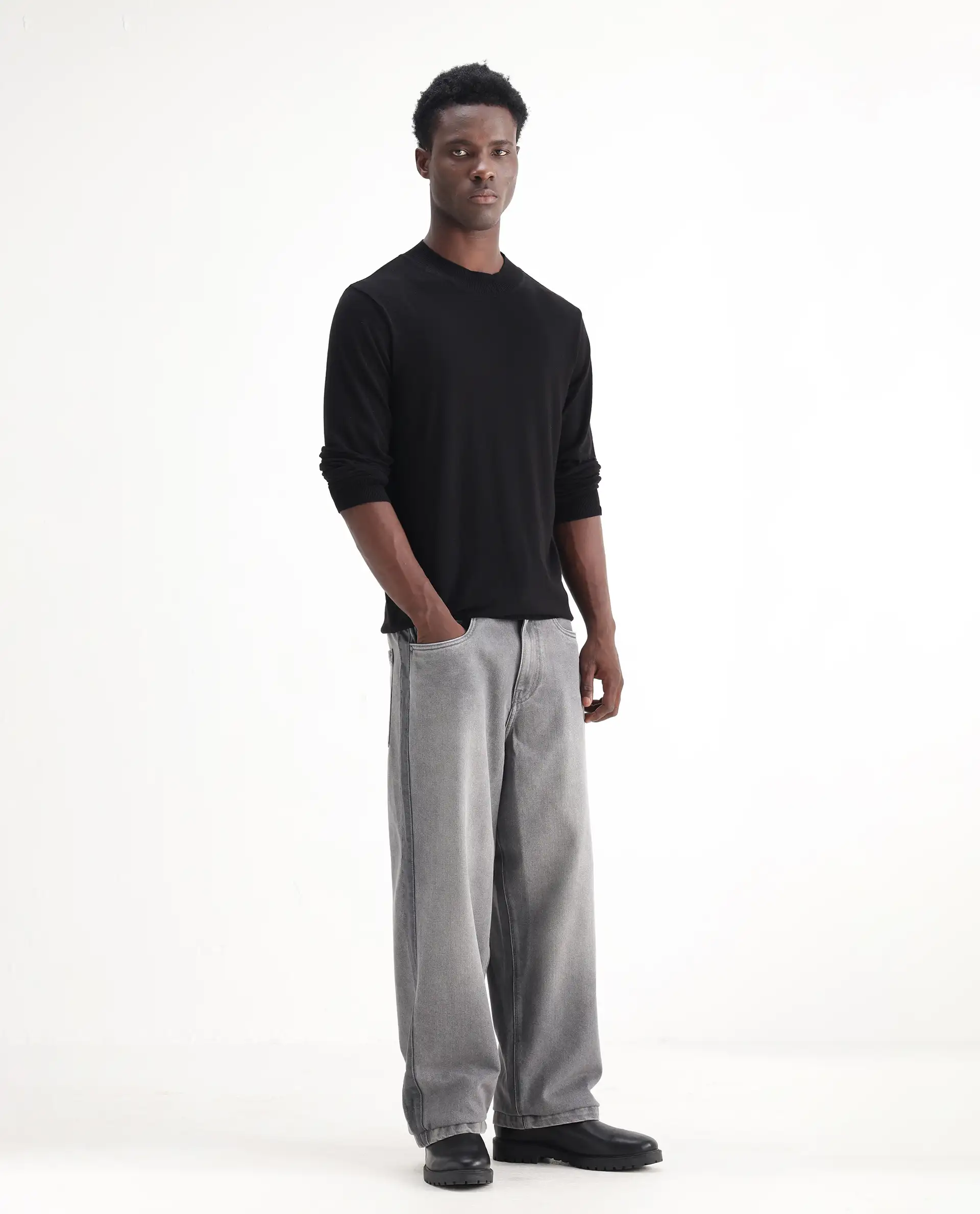 Rare Rabbit Men's Srito Grey Cotton Plain Baggy Fit Jeans - Image 7