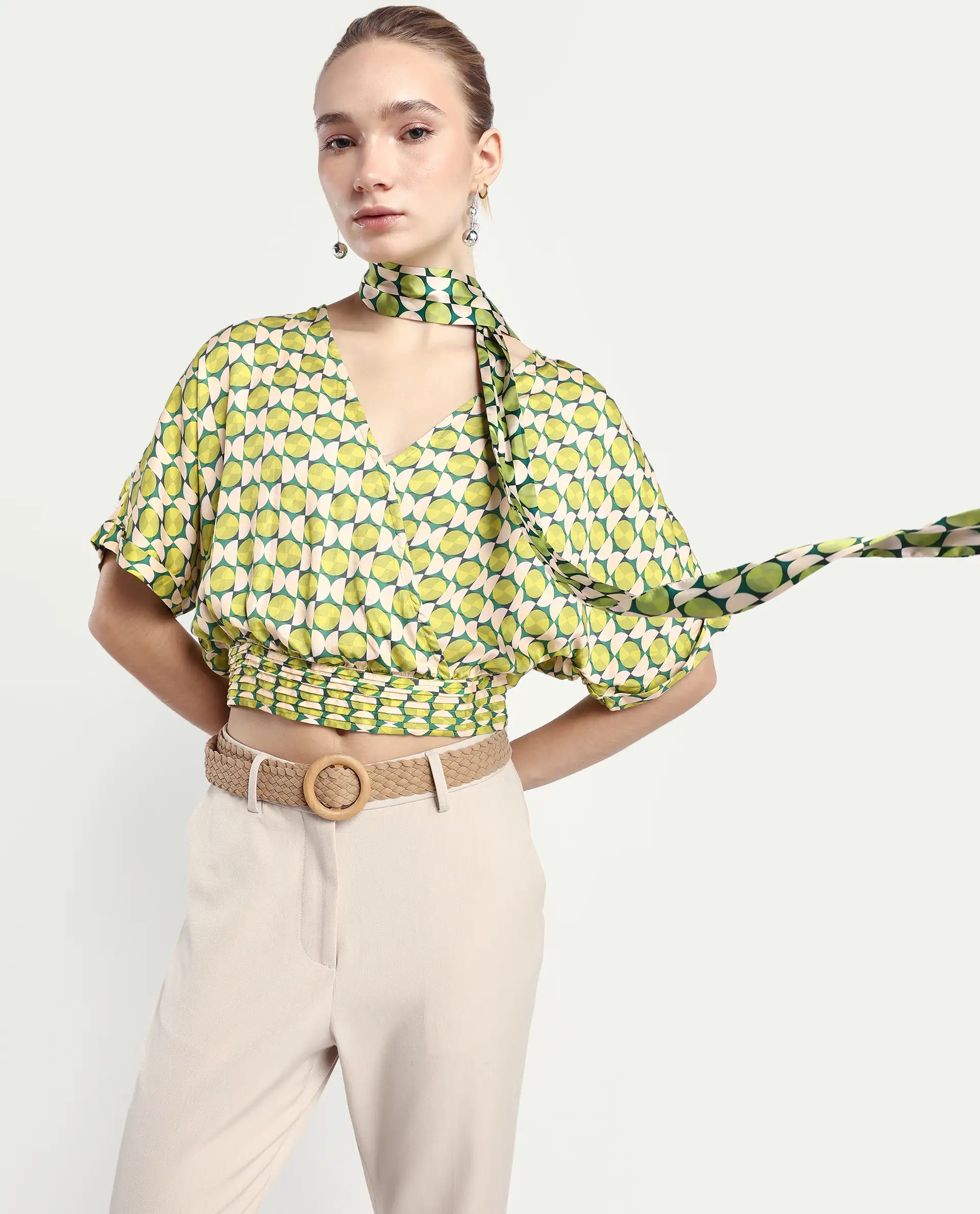 Rareism Women's Stabia Green Cotton Blend Overlap Neck Geometric Print Extended Sleeves Crop Regular Fit Top