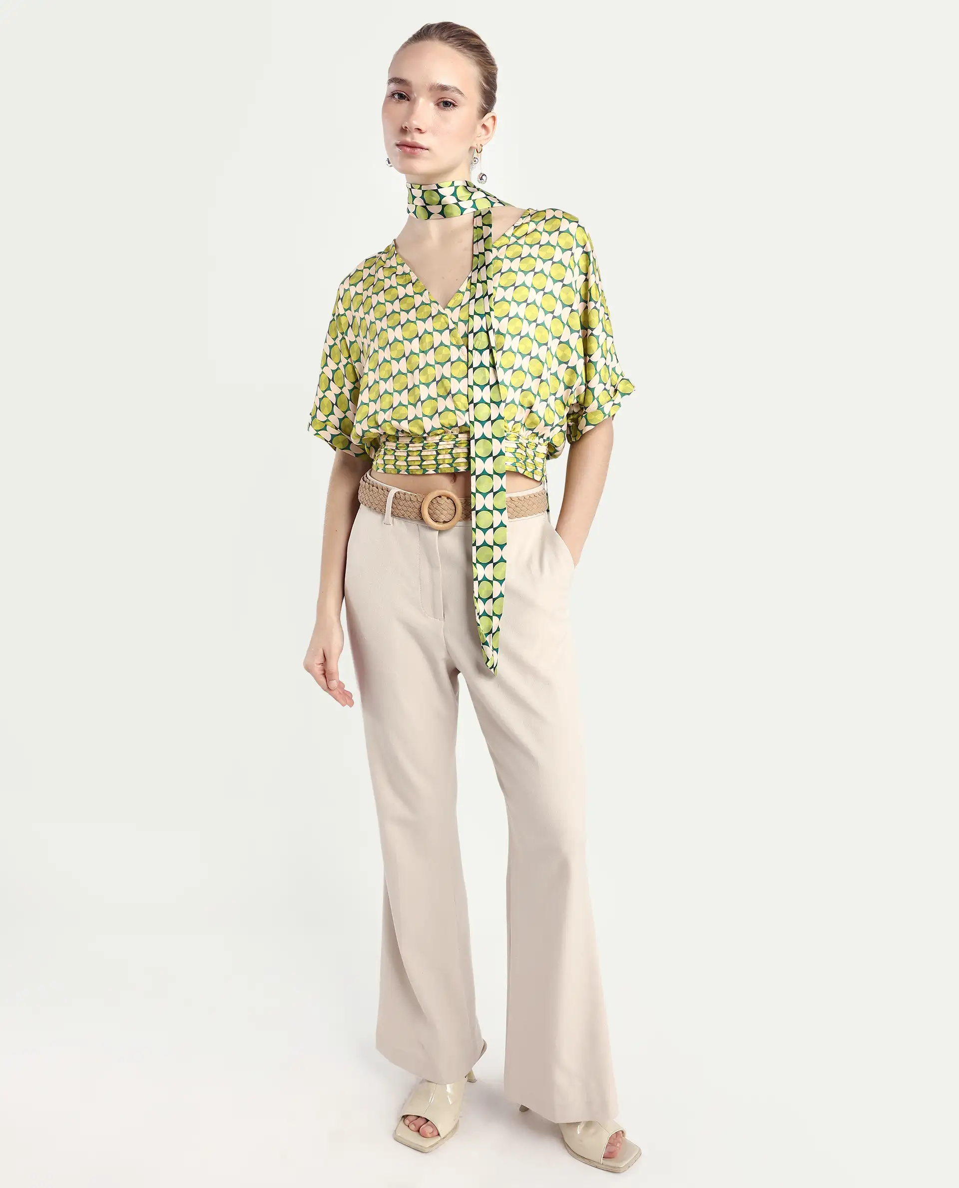 Rareism Women's Stabia Green Cotton Blend Overlap Neck Geometric Print Extended Sleeves Crop Regular Fit Top - Image 2