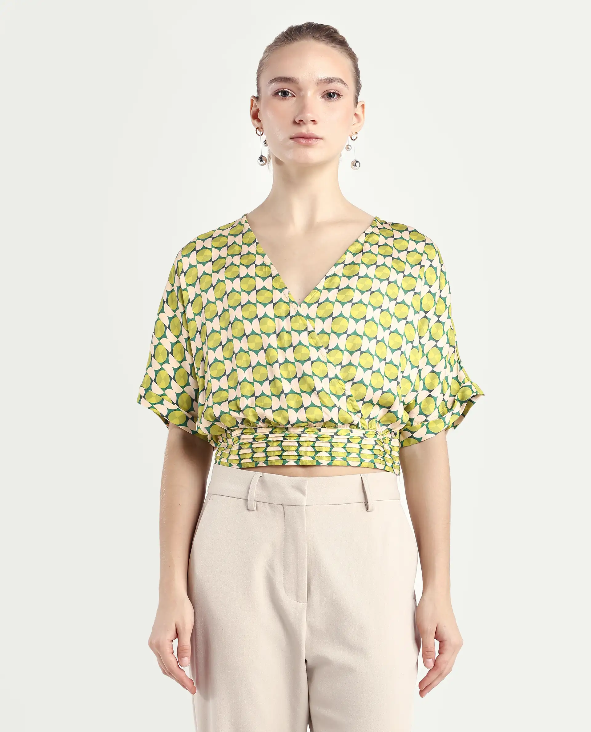 Rareism Women's Stabia Green Cotton Blend Overlap Neck Geometric Print Extended Sleeves Crop Regular Fit Top - Image 3