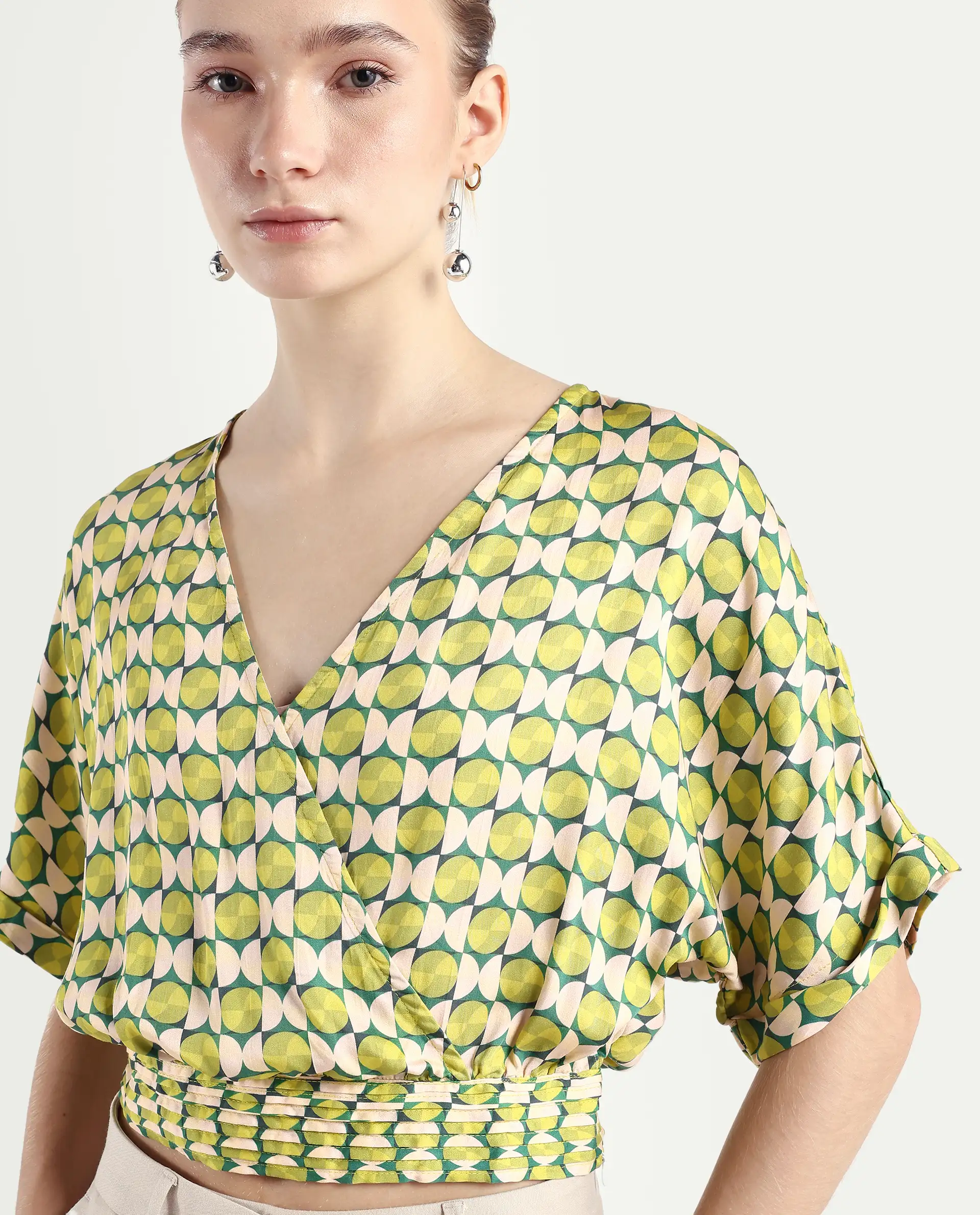 Rareism Women's Stabia Green Cotton Blend Overlap Neck Geometric Print Extended Sleeves Crop Regular Fit Top - Image 4