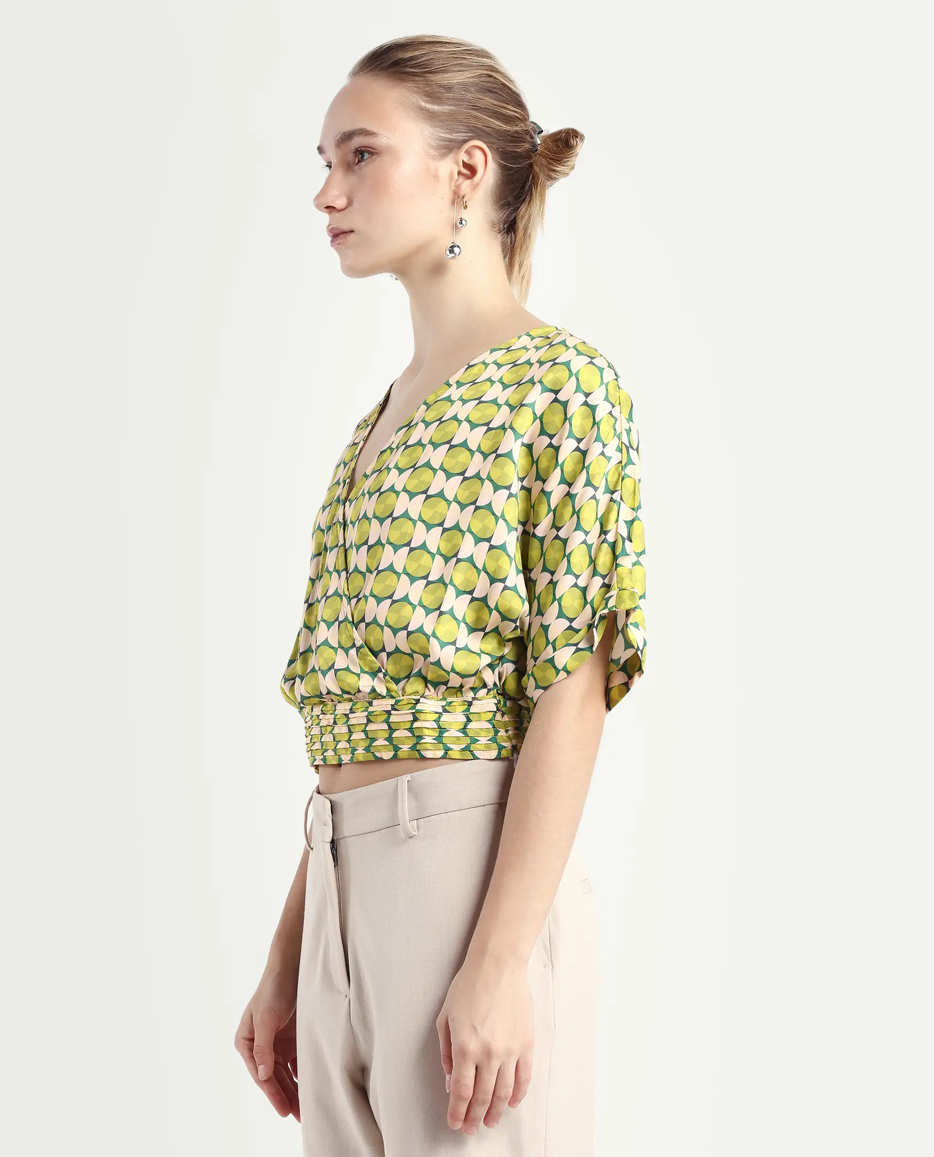 Rareism Women's Stabia Green Cotton Blend Overlap Neck Geometric Print Extended Sleeves Crop Regular Fit Top - Image 5