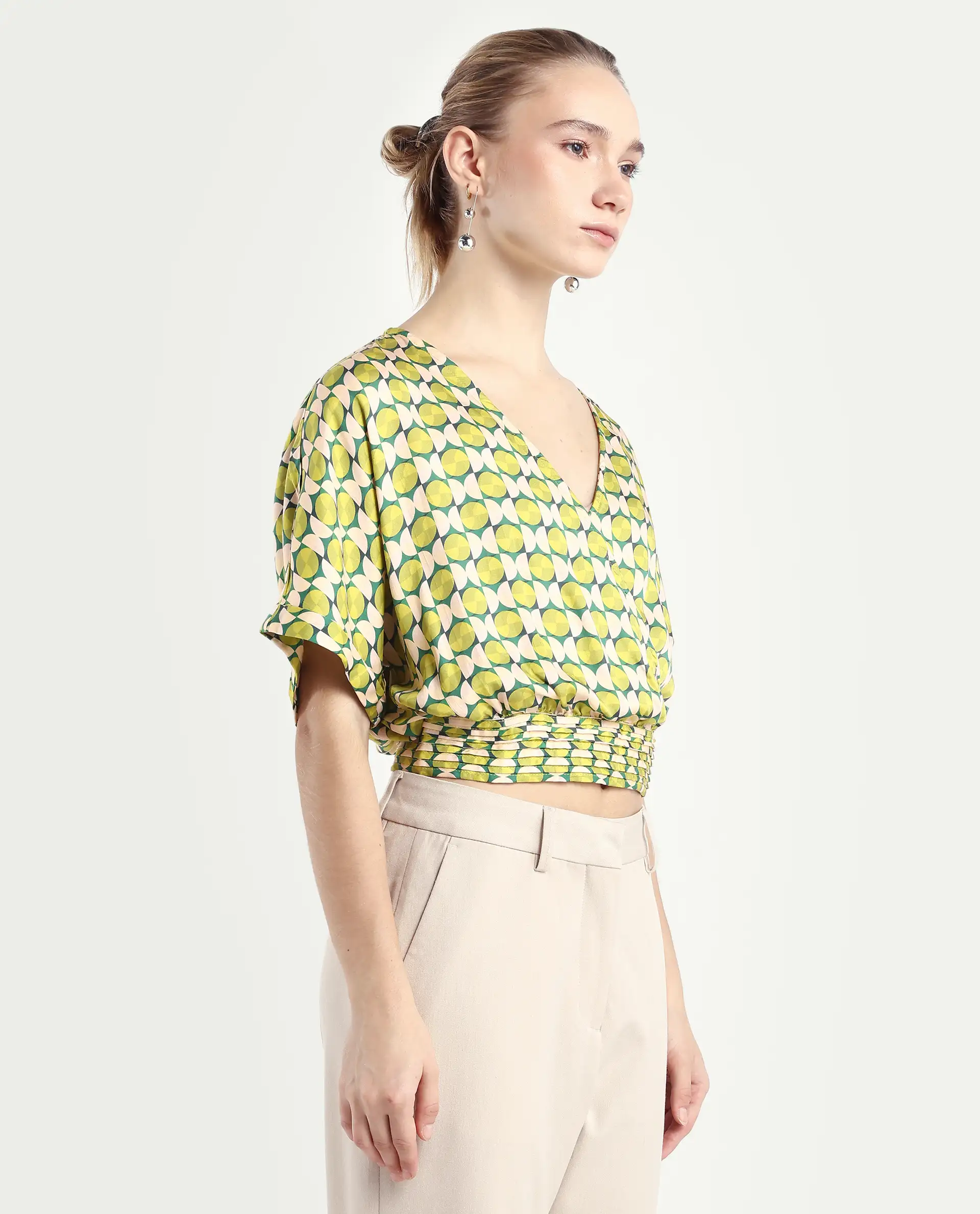 Rareism Women's Stabia Green Cotton Blend Overlap Neck Geometric Print Extended Sleeves Crop Regular Fit Top - Image 6
