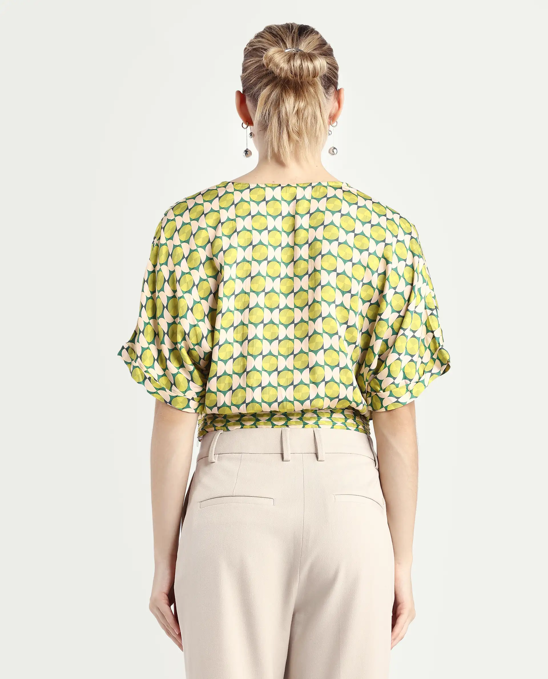 Rareism Women's Stabia Green Cotton Blend Overlap Neck Geometric Print Extended Sleeves Crop Regular Fit Top - Image 7
