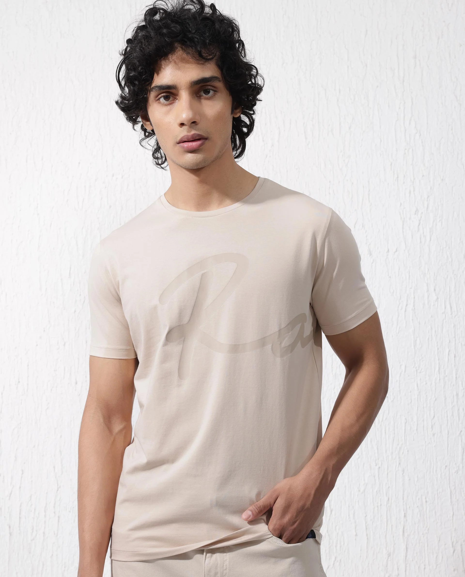 Rare Rabbit Men's Stamp2 Beige Cotton Blend Graphic Print Regular Fit Half Sleeve Crew Neck T-Shirt - Image 2