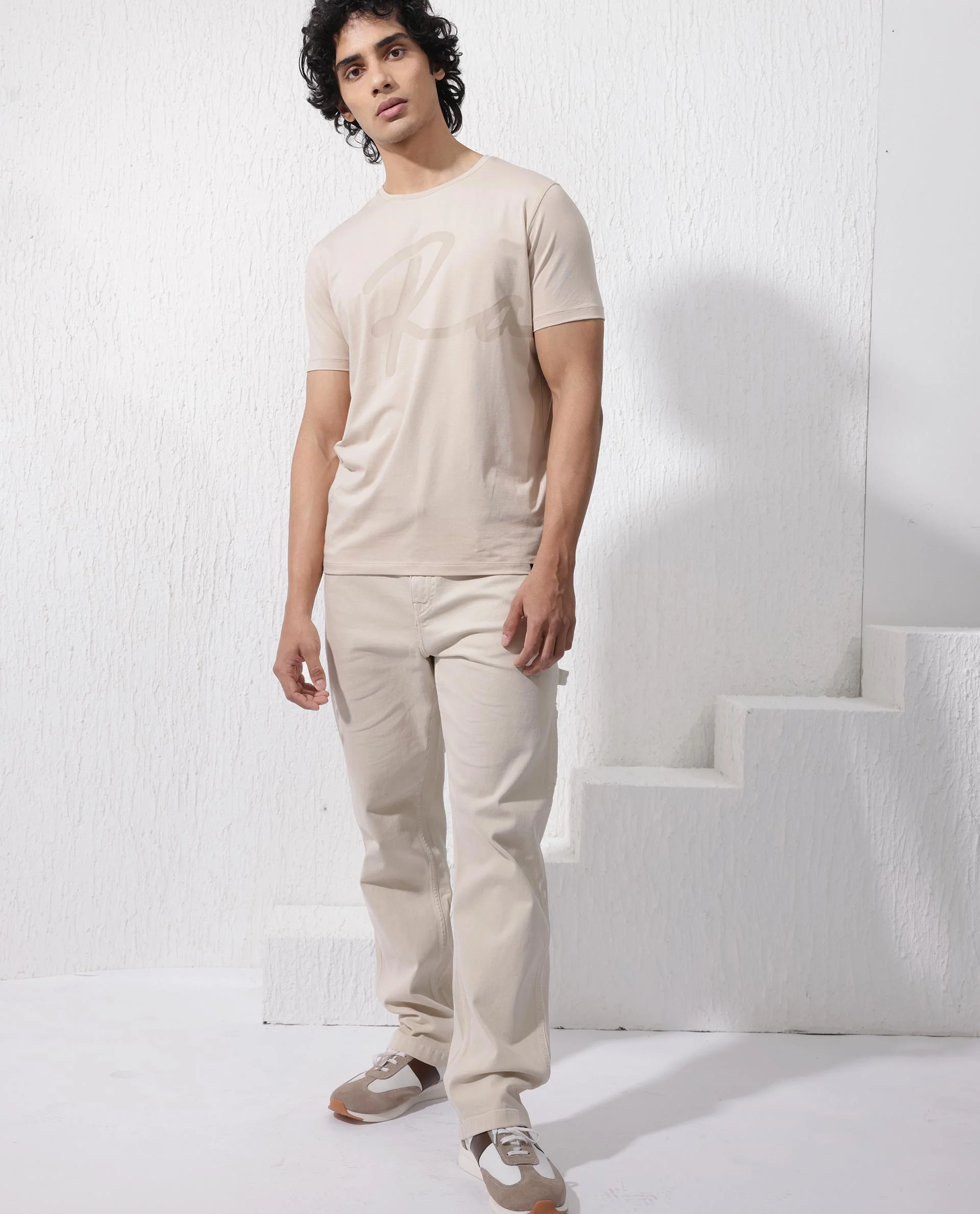 Rare Rabbit Men's Stamp2 Beige Cotton Blend Graphic Print Regular Fit Half Sleeve Crew Neck T-Shirt - Image 3