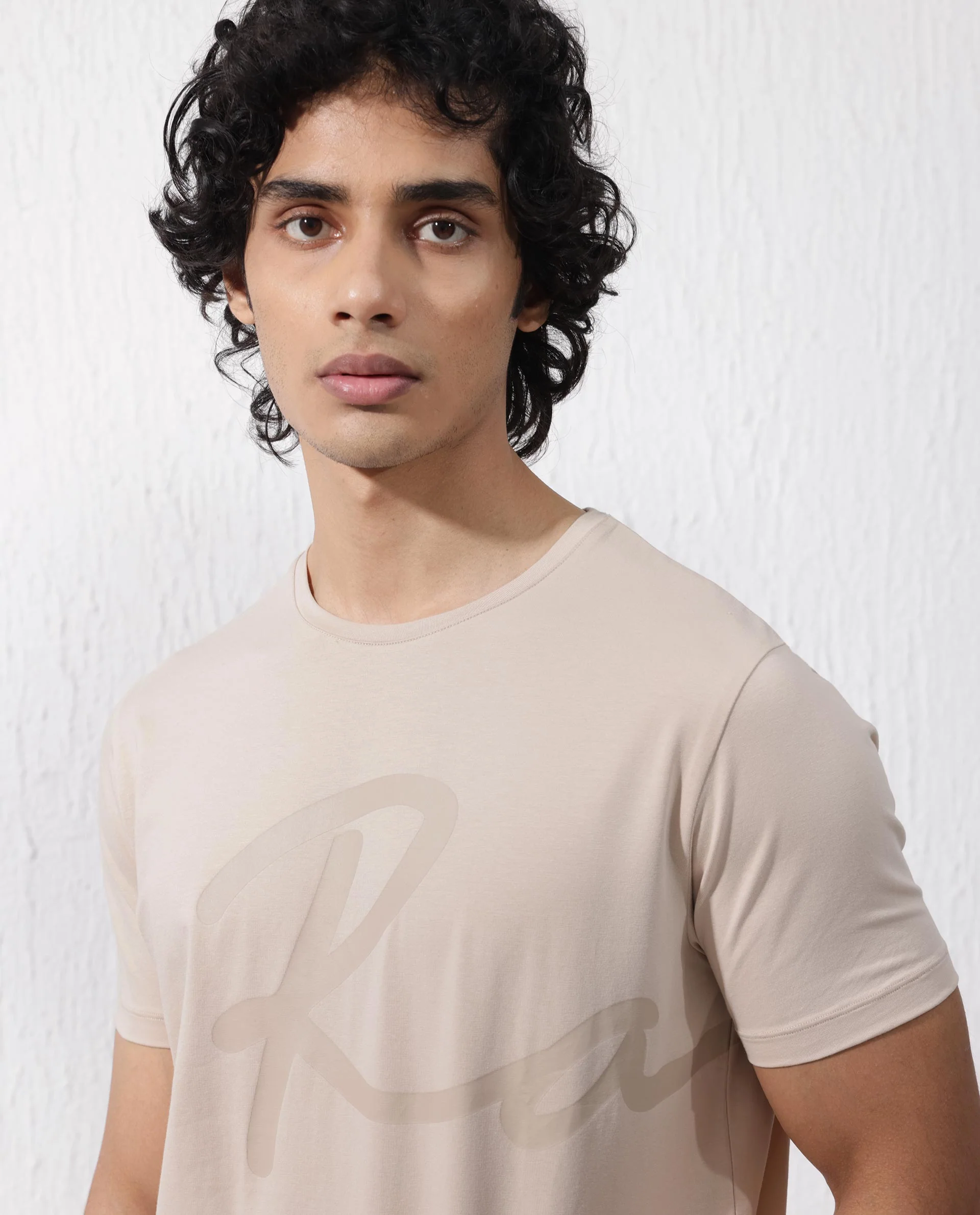 Rare Rabbit Men's Stamp2 Beige Cotton Blend Graphic Print Regular Fit Half Sleeve Crew Neck T-Shirt - Image 5