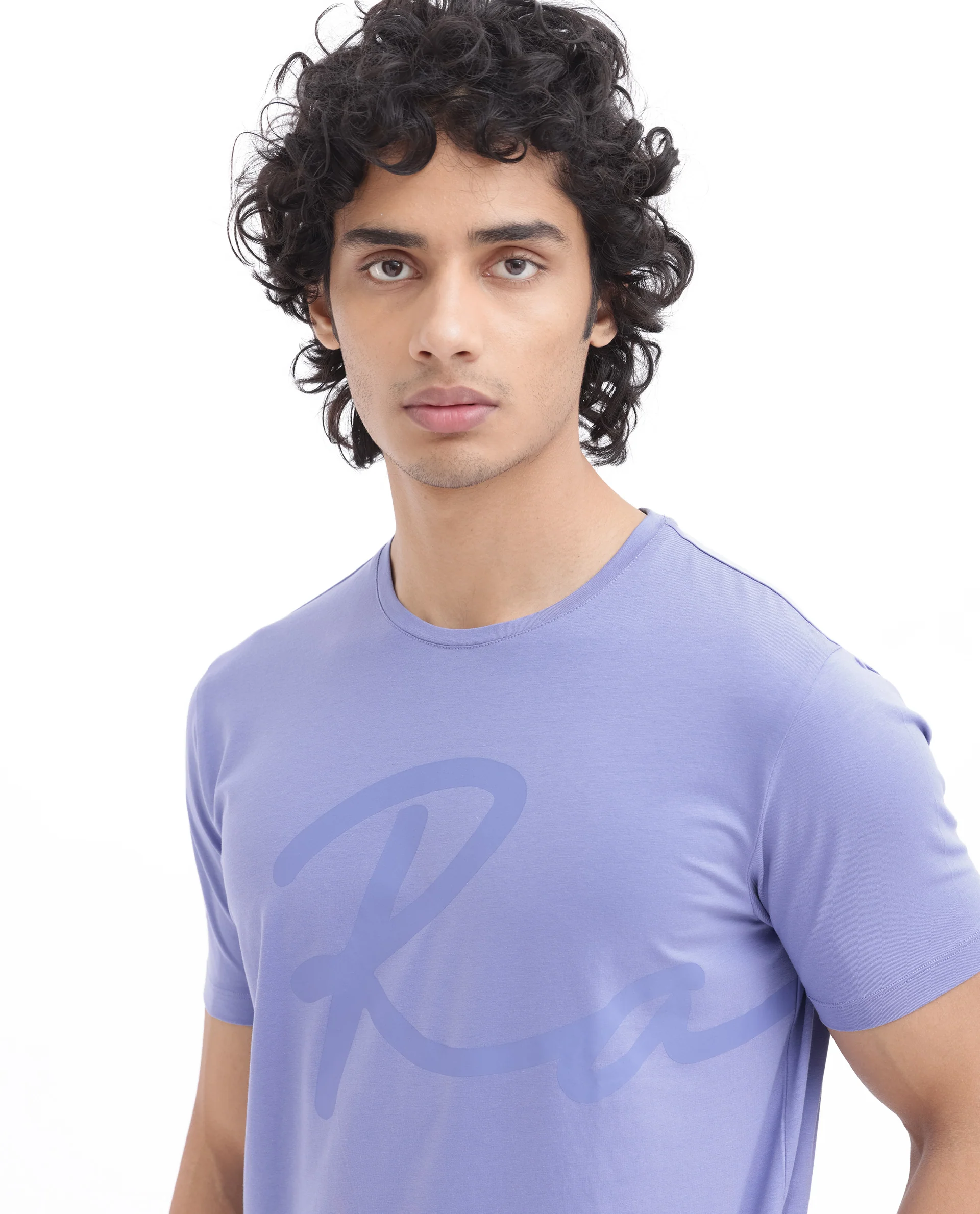 Rare Rabbit Men's Stamp2 Purple Cotton Blend Graphic Print Regular Fit Half Sleeve Crew Neck T-Shirt - Image 2