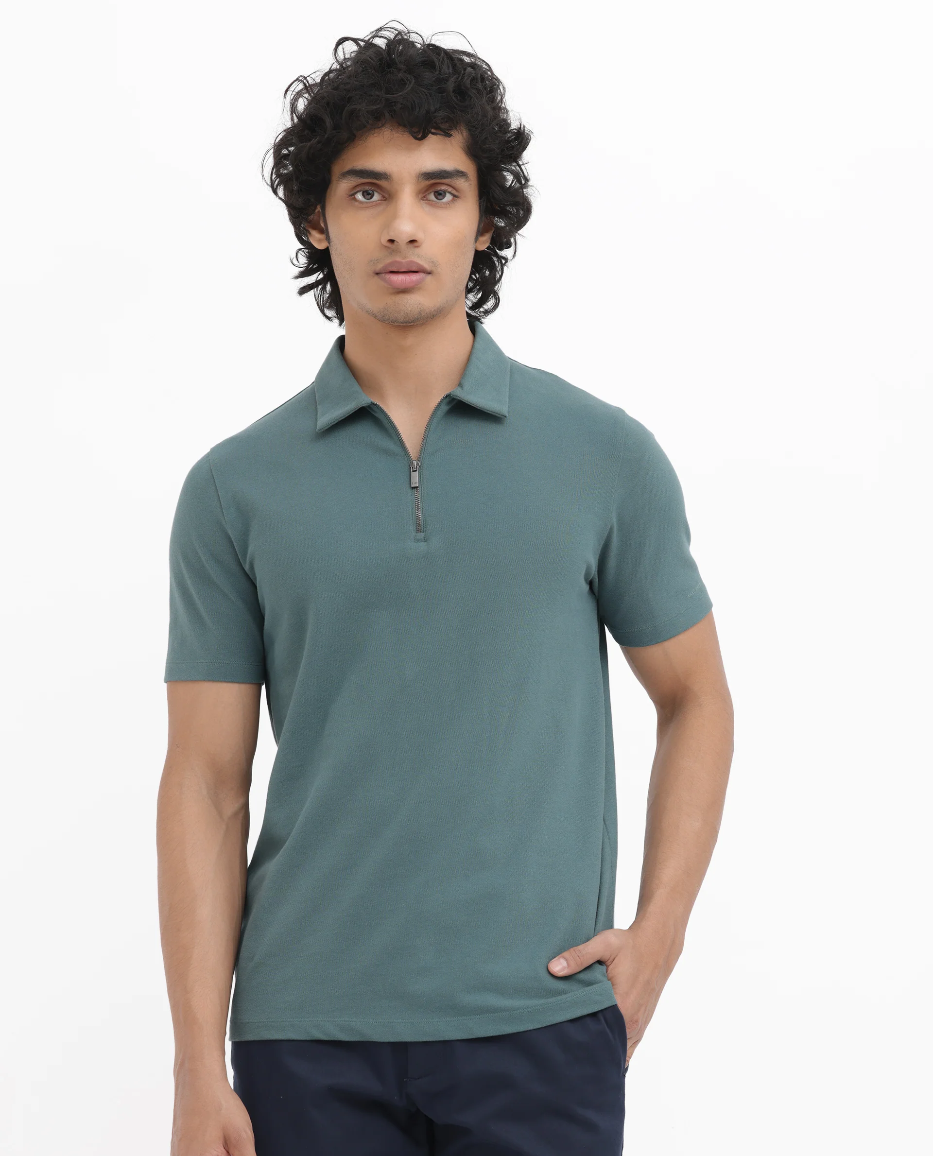 Rare Rabbit Men's Stan2 Dusky Green Cotton Plain Regular Fit Half Sleeve Polo - Image 2