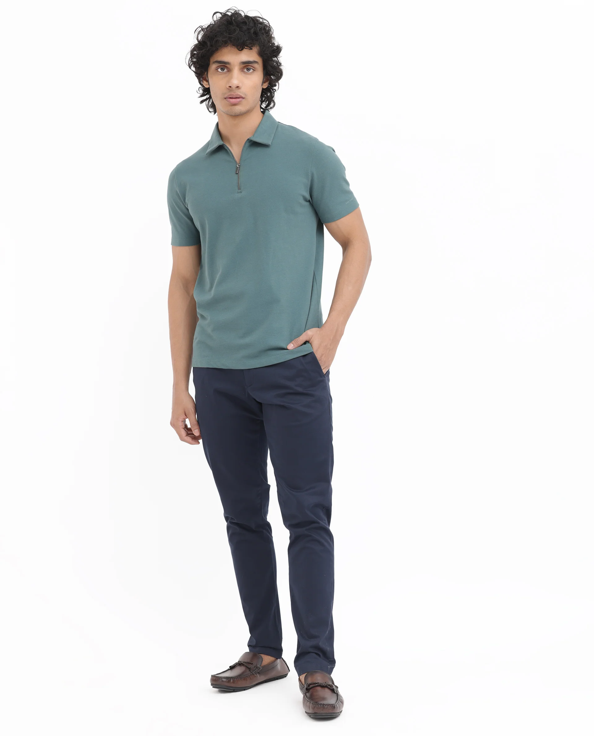 Rare Rabbit Men's Stan2 Dusky Green Cotton Plain Regular Fit Half Sleeve Polo - Image 3