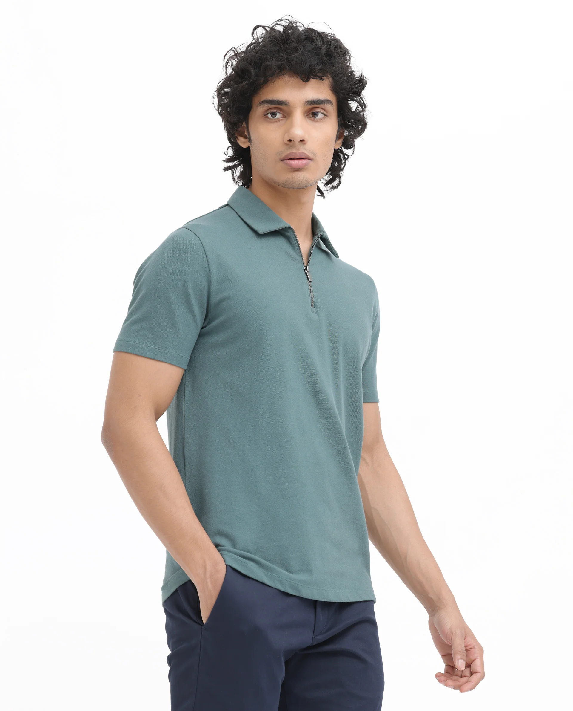 Rare Rabbit Men's Stan2 Dusky Green Cotton Plain Regular Fit Half Sleeve Polo - Image 4