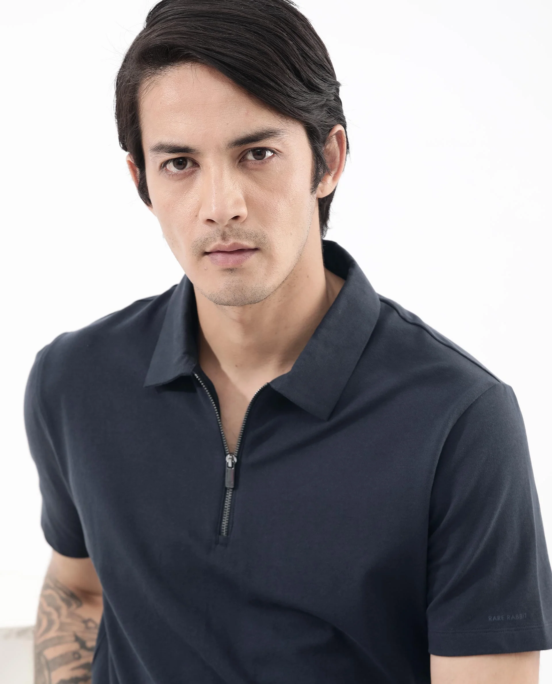 Rare Rabbit Men's Stan2 Dusky Navy Cotton Blend Plain Regular Fit Half Sleeve Polo - Image 2